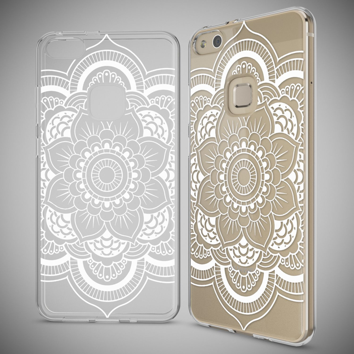 Dos fundas de teléfono, transparente y dorada. La funda transparente tiene un mandala blanco. La funda dorada tiene un mandala blanco.