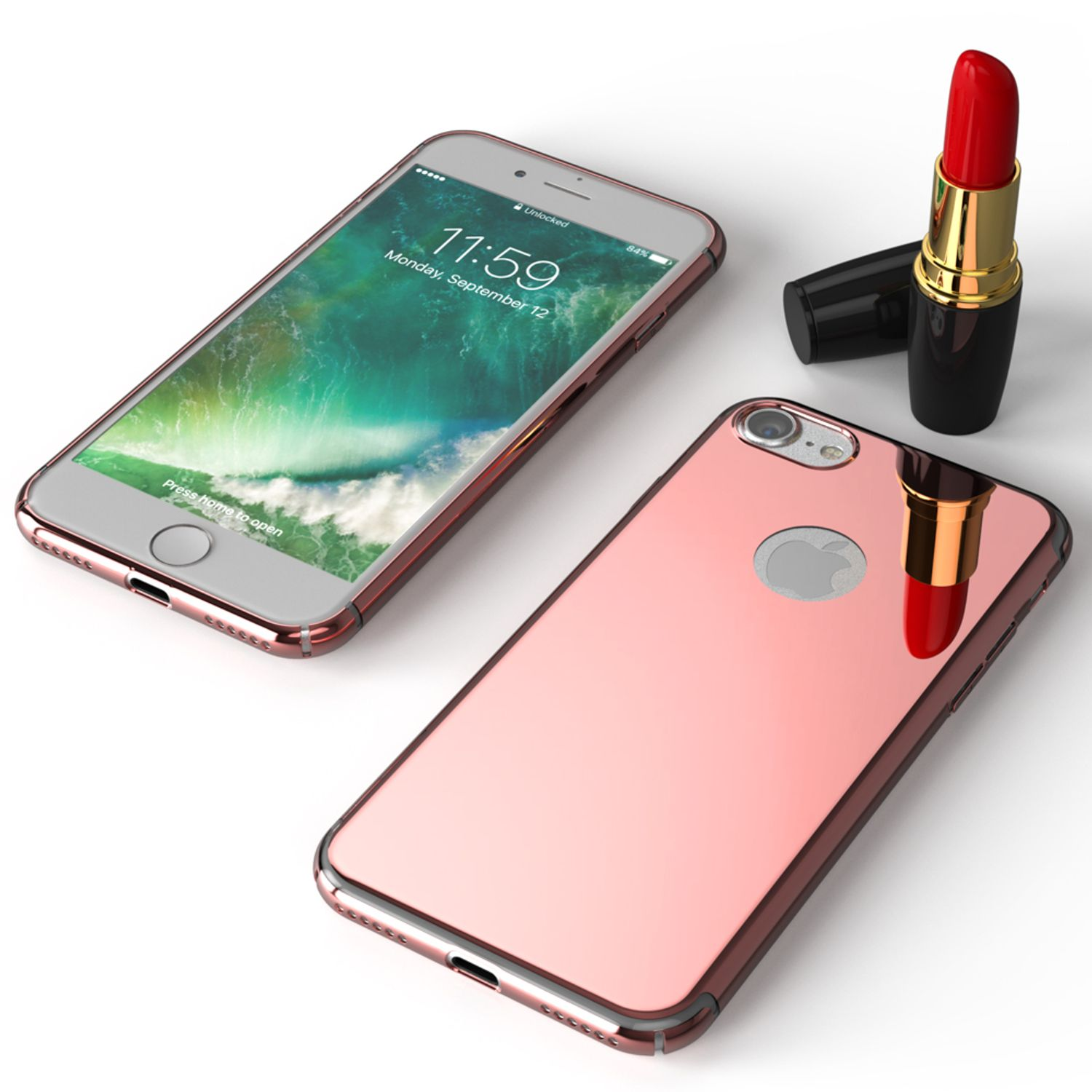 Ein Telefon mit Spiegelhülle neben einem Lippenstift. Beide liegen auf einer weißen Oberfläche.