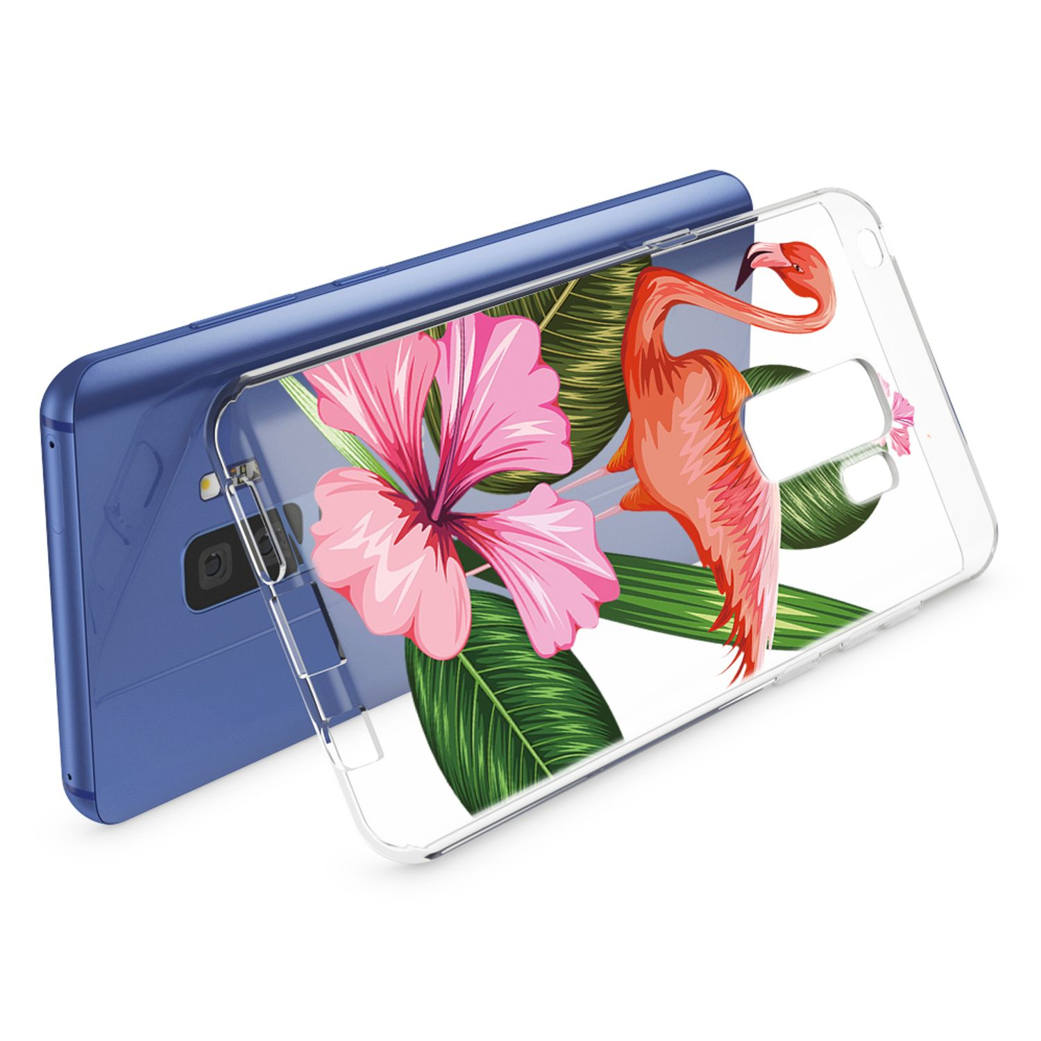 Handyhülle mit Flamingo- und Blumendesign. Das Telefon ist blau. Weißer Hintergrund.