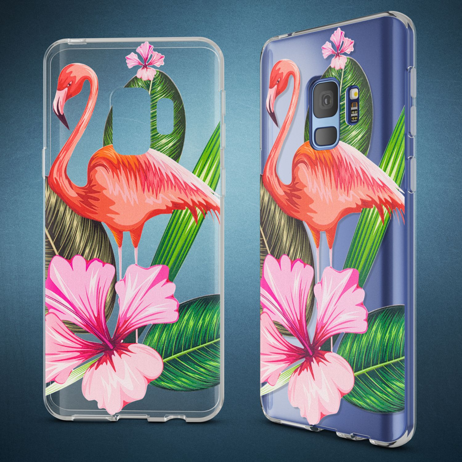 Zwei Handyhüllen mit Flamingoprint. Pinke Flamingos und Blumen auf blauem Hintergrund.