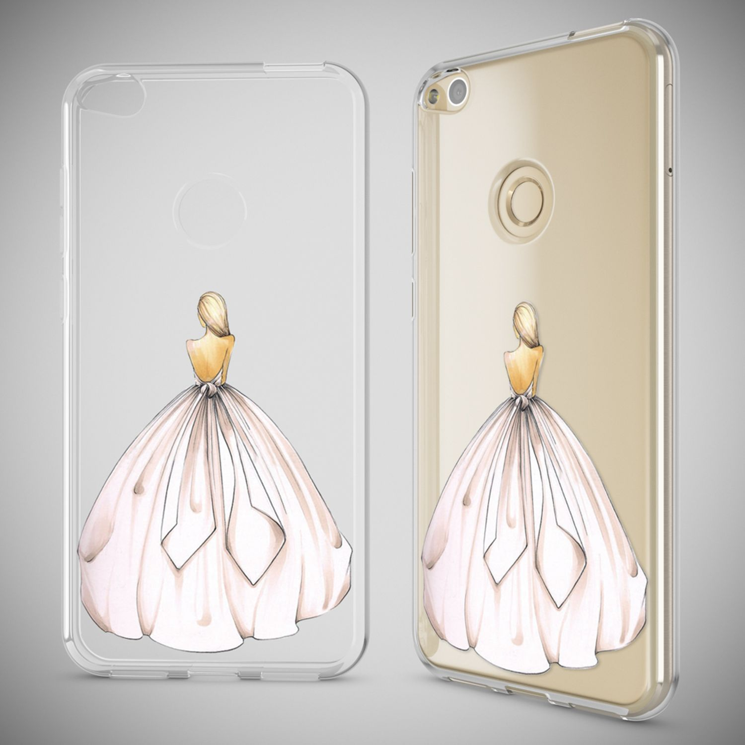 Dos fundas transparentes para teléfono, una con diseño de vestido, mostrando un teléfono. Fondo gris.