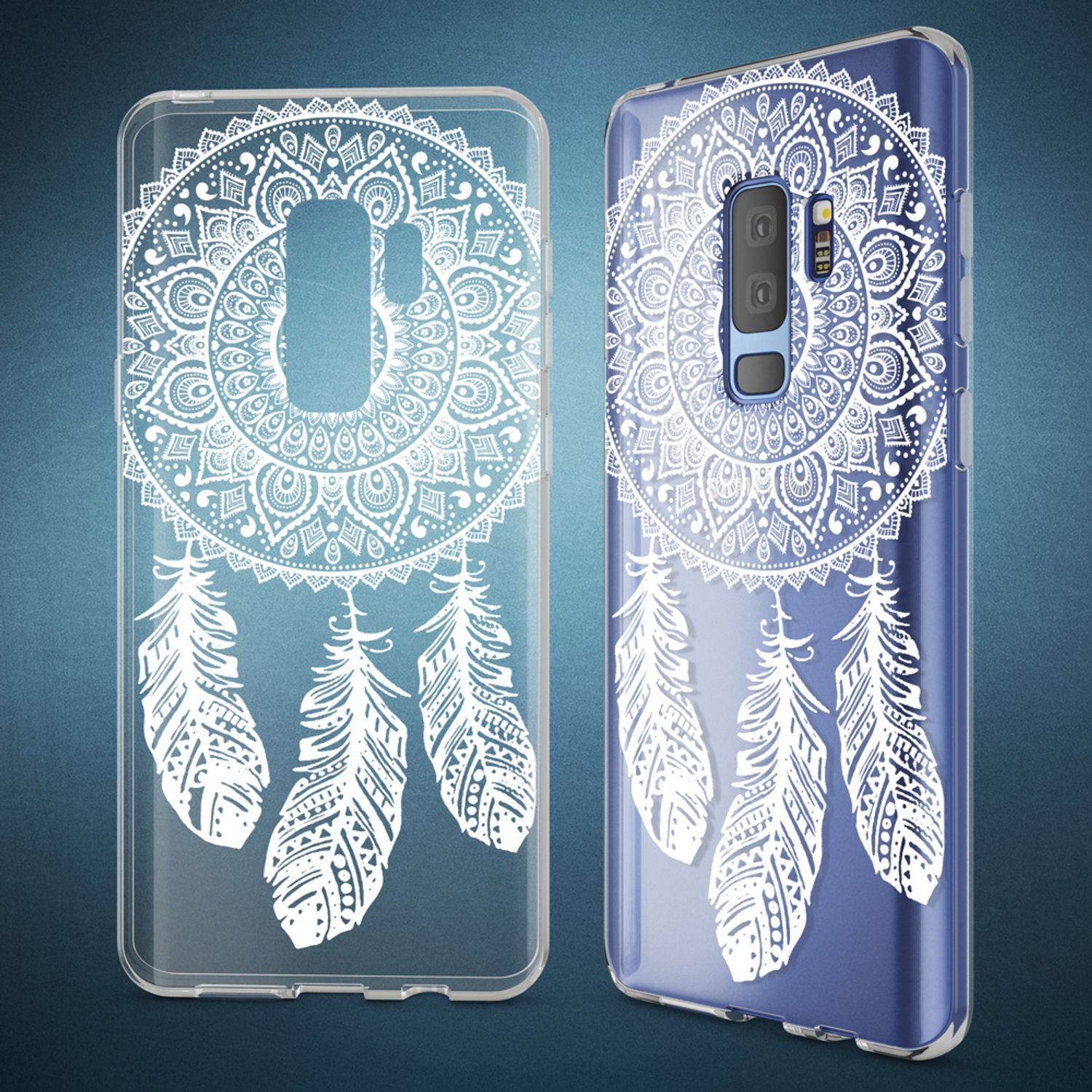 Ein Telefon mit einer Traumfänger-gemusterten Hülle wird gezeigt. Die Hülle ist transparent.