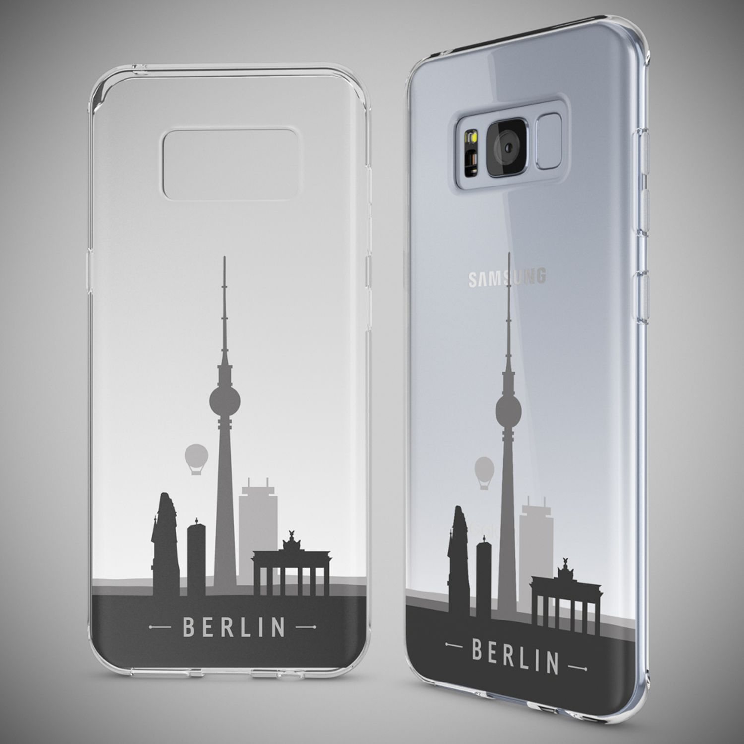 Zwei Handys mit Berliner Silhouette auf der Hülle. Die Skyline von Berlin ist sichtbar.