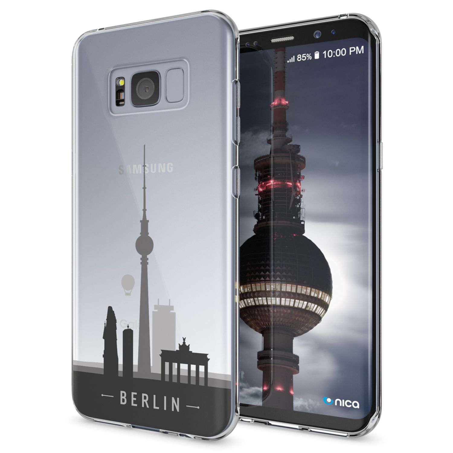Telefon mit Berliner Skyline-Hülle. Der Bildschirm zeigt eine Stadtszene, die Hülle eine Berliner Silhouette.