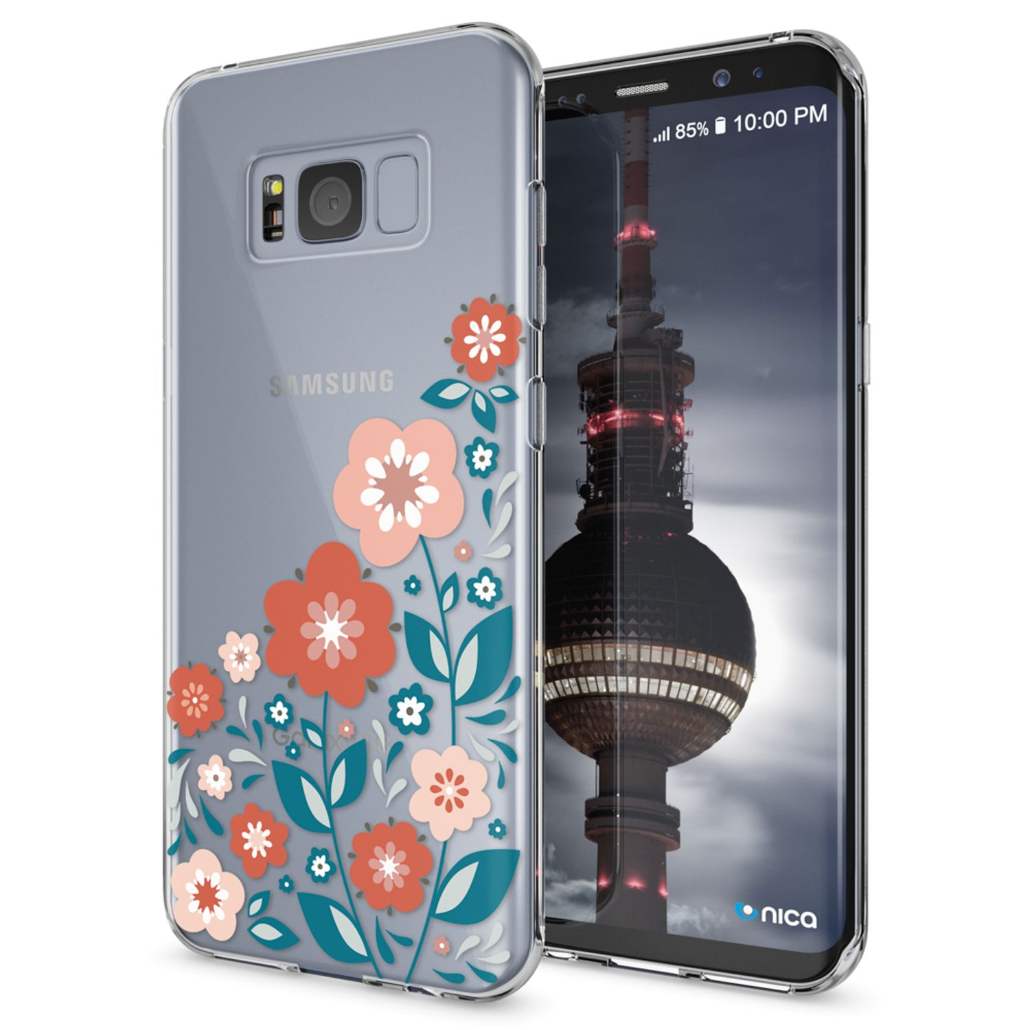Transparente Handyhülle mit Blumendesign und ein Telefon, das eine Stadt mit Turm zeigt.
