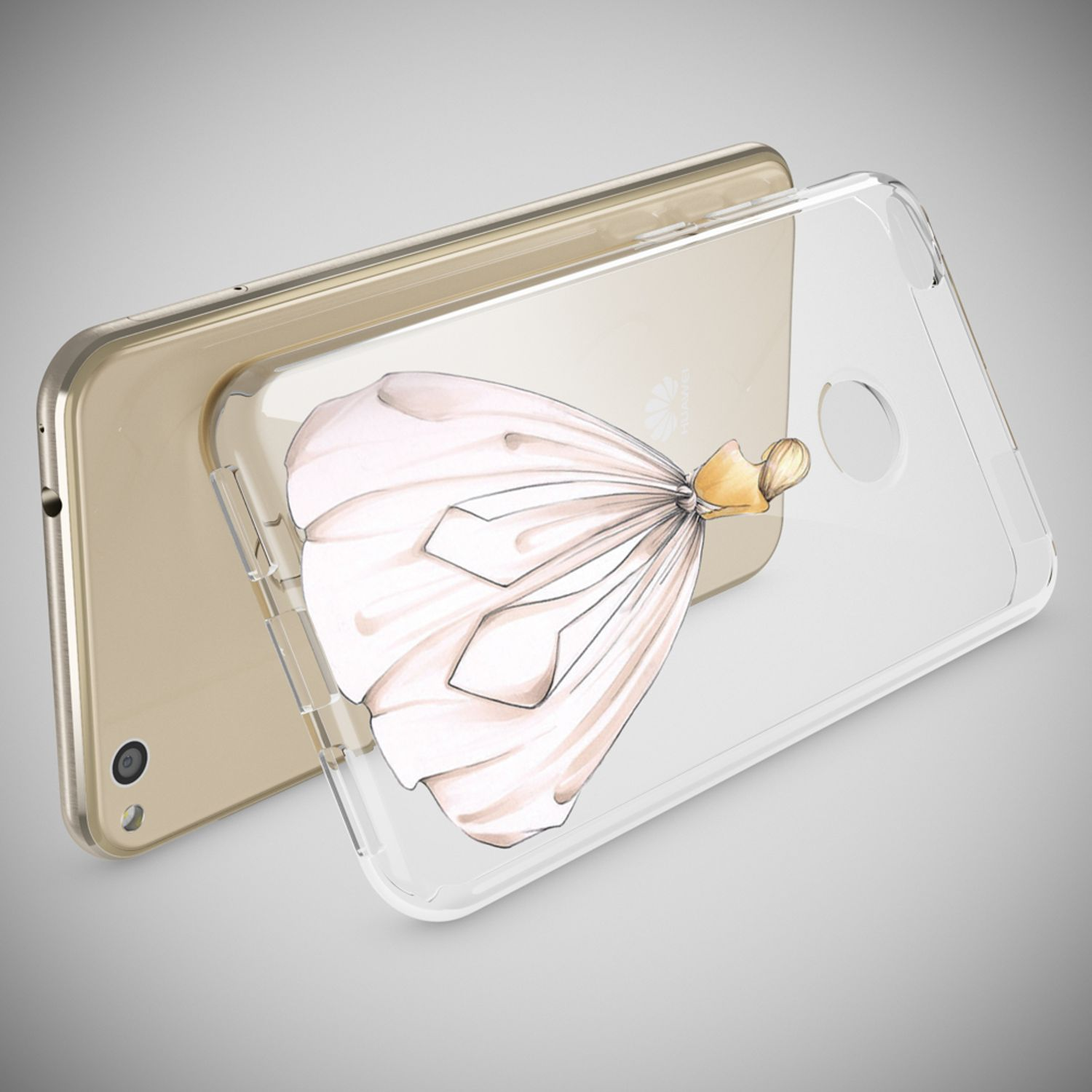 Funda de teléfono con un diseño de vestido. El teléfono es de color dorado.