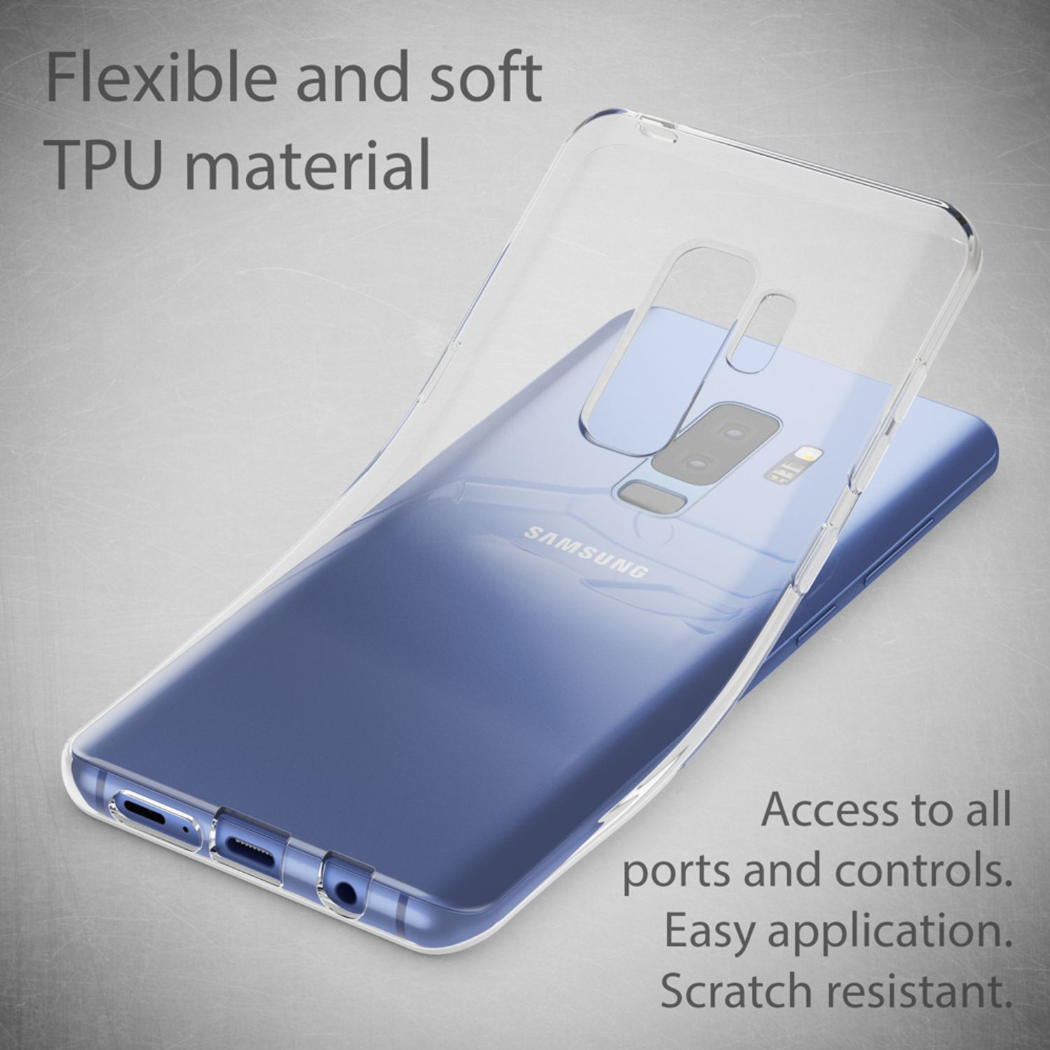 Transparente Handyhülle über einem blauen Telefon. Text besagt flexibles TPU-Material, einfache Anwendung und Kratzfestigkeit.