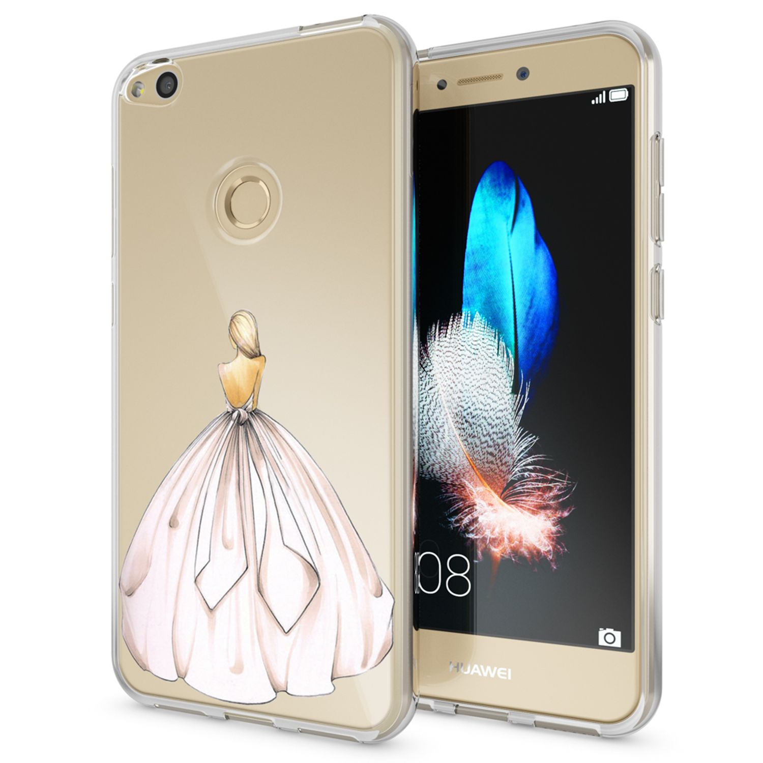 Funda de teléfono con un dibujo de una mujer con un vestido largo. El teléfono es dorado.