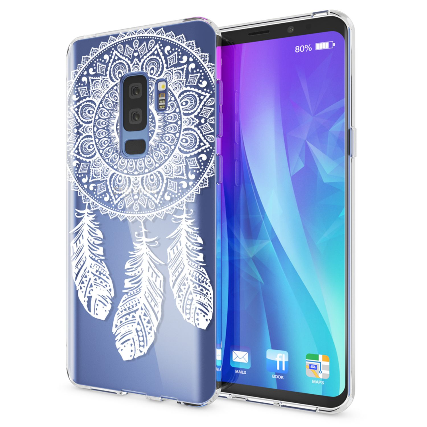 Telefon mit klarer Hülle mit weißem Traumfänger-Design darauf.