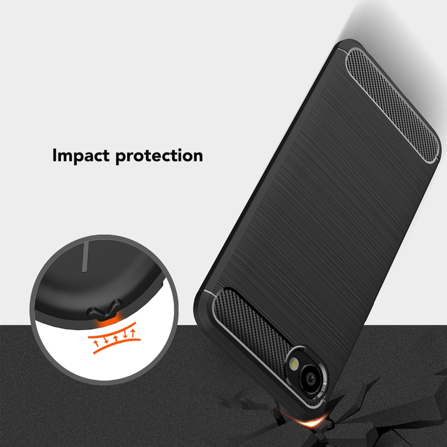 Schwarze Handyhülle. Die Handyhülle ist abgewinkelt und scheint zu fallen. Text: Impact protection.