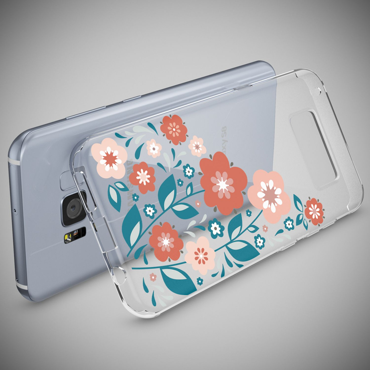 Telefon mit floralem Case. Rosa, rote und blaue Blumen.