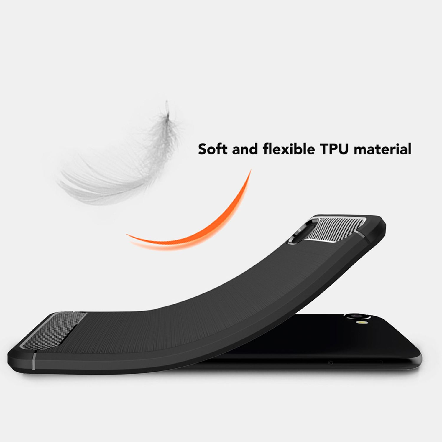 Schwarze Handyhülle mit gebogener Form, Federgrafik und Text 'Soft and flexible TPU material'.