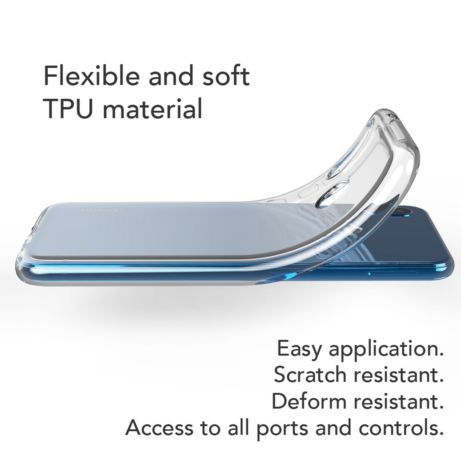 Transparente Handyhülle mit dem Telefon darin. Das Telefon ist blau. Die Hülle ist flexibel und weich.