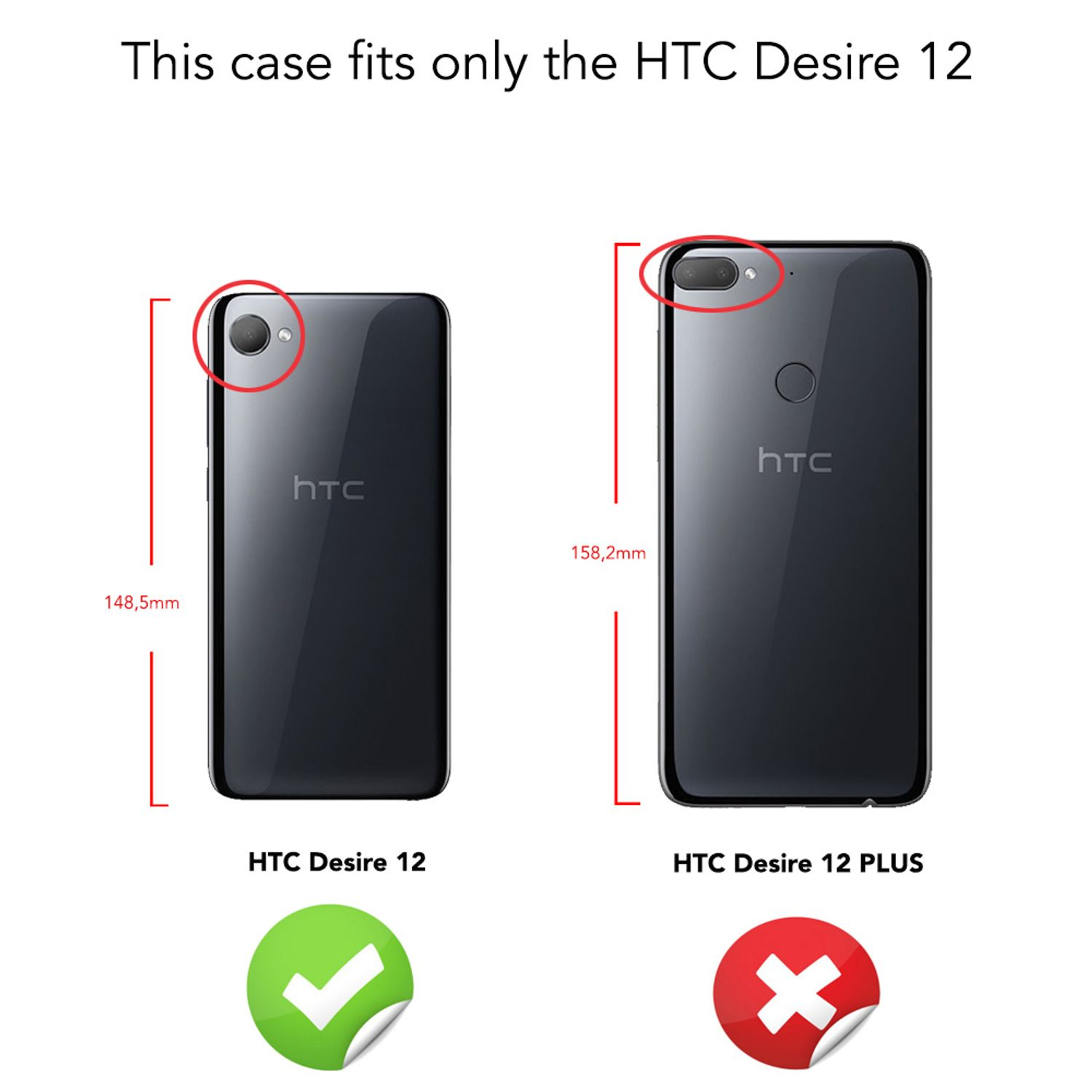 Zwei Telefone mit Maßen und Text. Eines ist korrekt für HTC Desire 12. Das andere ist Desire 12 Plus.