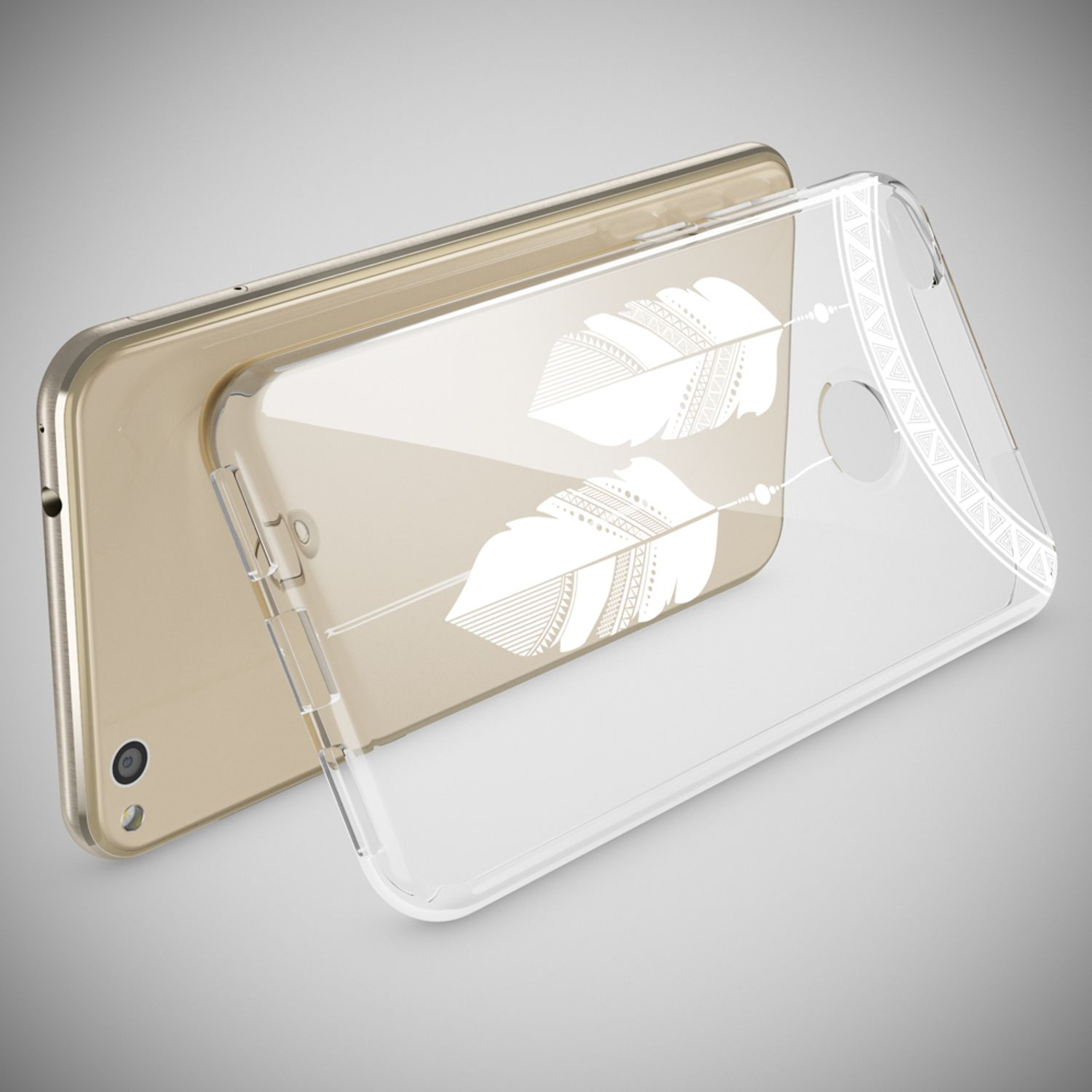 Una funda de teléfono muestra un diseño de plumas. El fondo es un teléfono dorado. El fondo es gris.