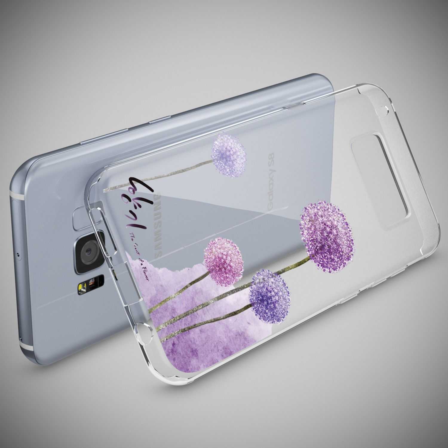 Telefon mit durchsichtiger Hülle. Die Hülle hat lila Blumen. Der Hintergrund ist grau.
