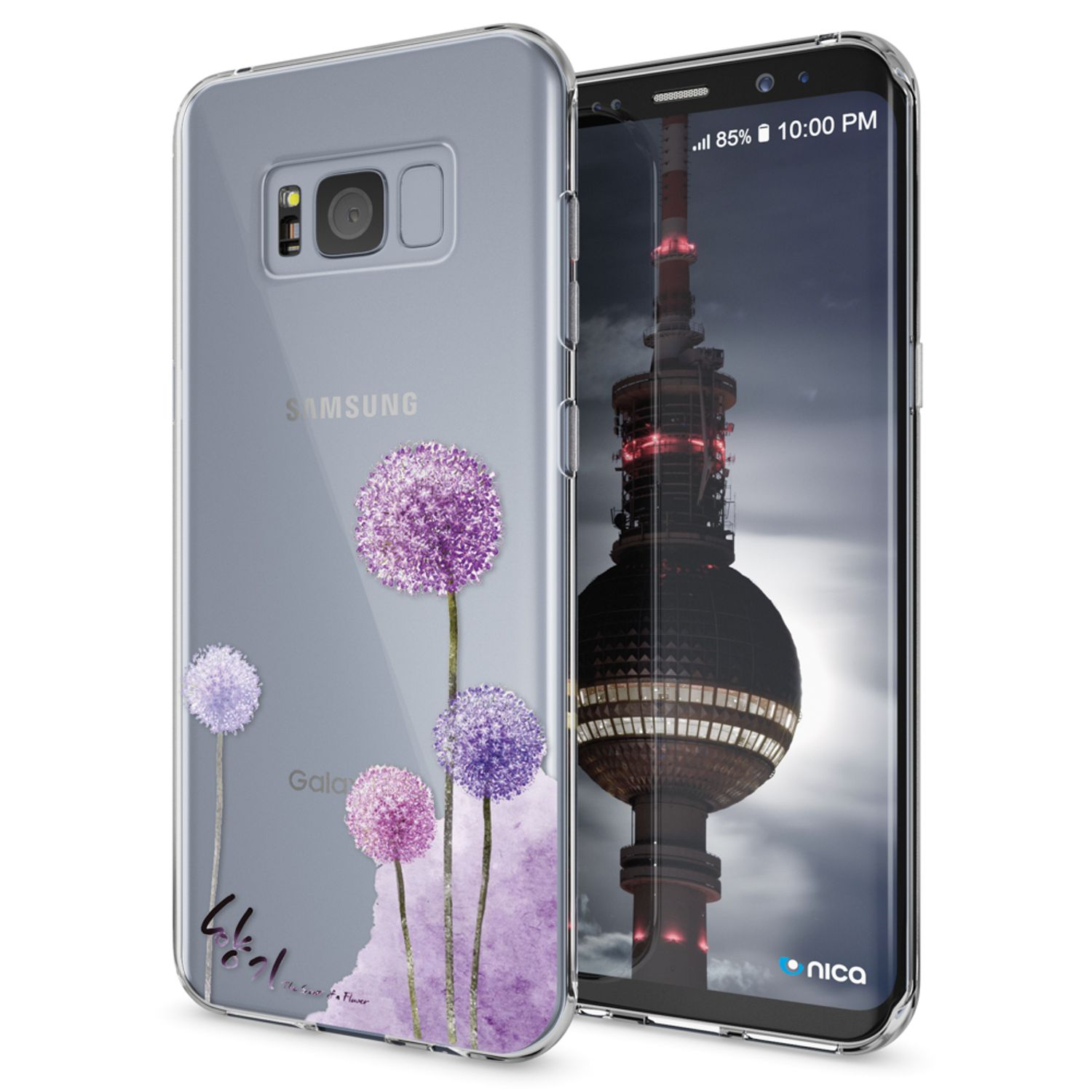 Handyhülle mit lila Blumendesign. Das Telefon zeigt ein Gebäude bei Nacht. Der Hintergrund ist weiß.