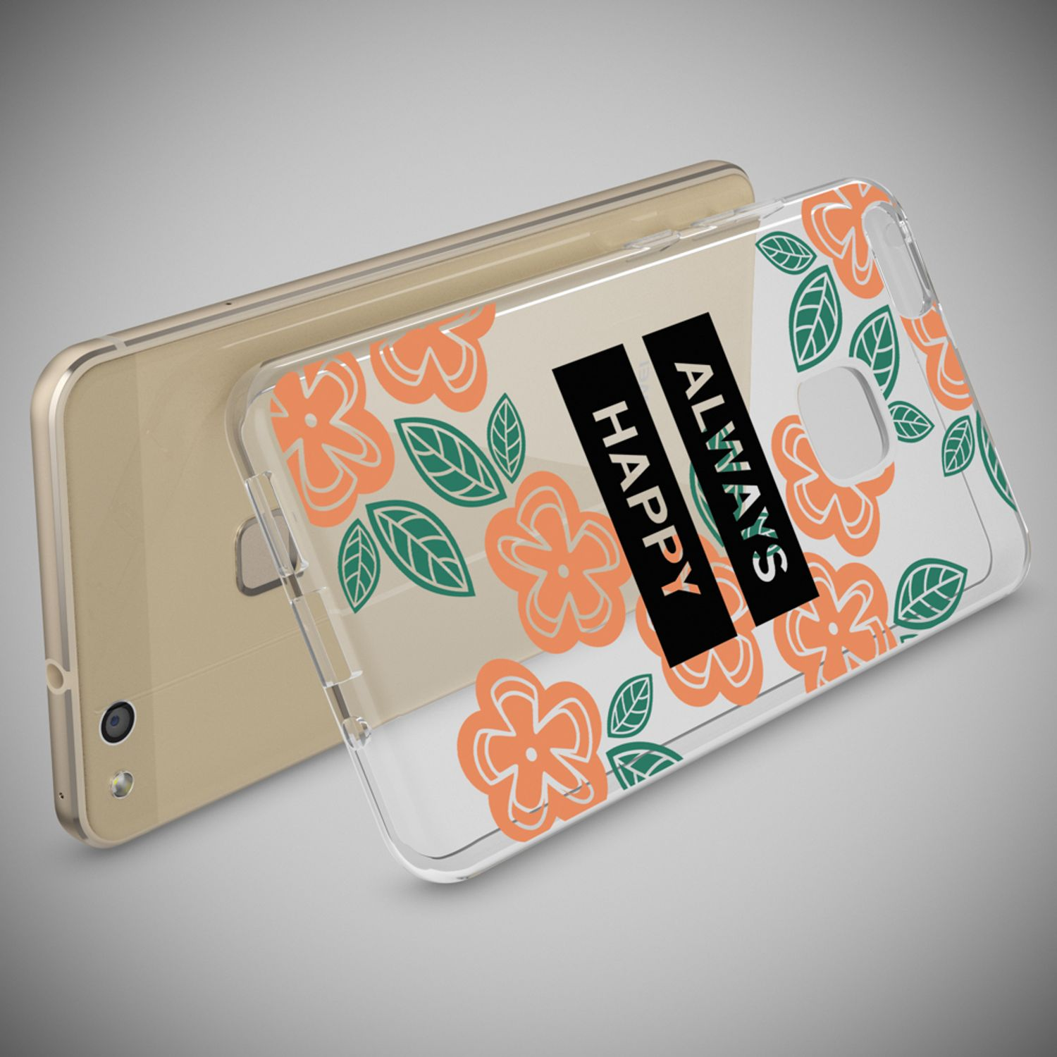 Telefon mit einer durchsichtigen Hülle mit orangen Blumen und den Worten