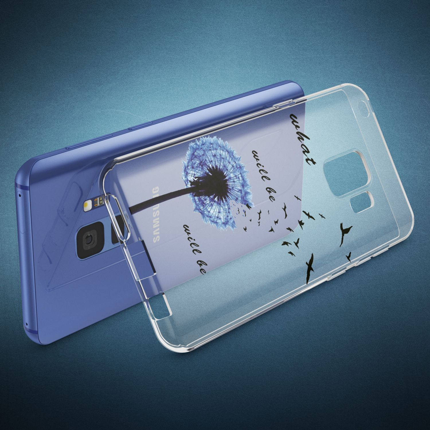 Ein Telefon mit einer Hülle. Die Hülle zeigt eine Pusteblume mit Vögeln. Der Hintergrund ist blau.