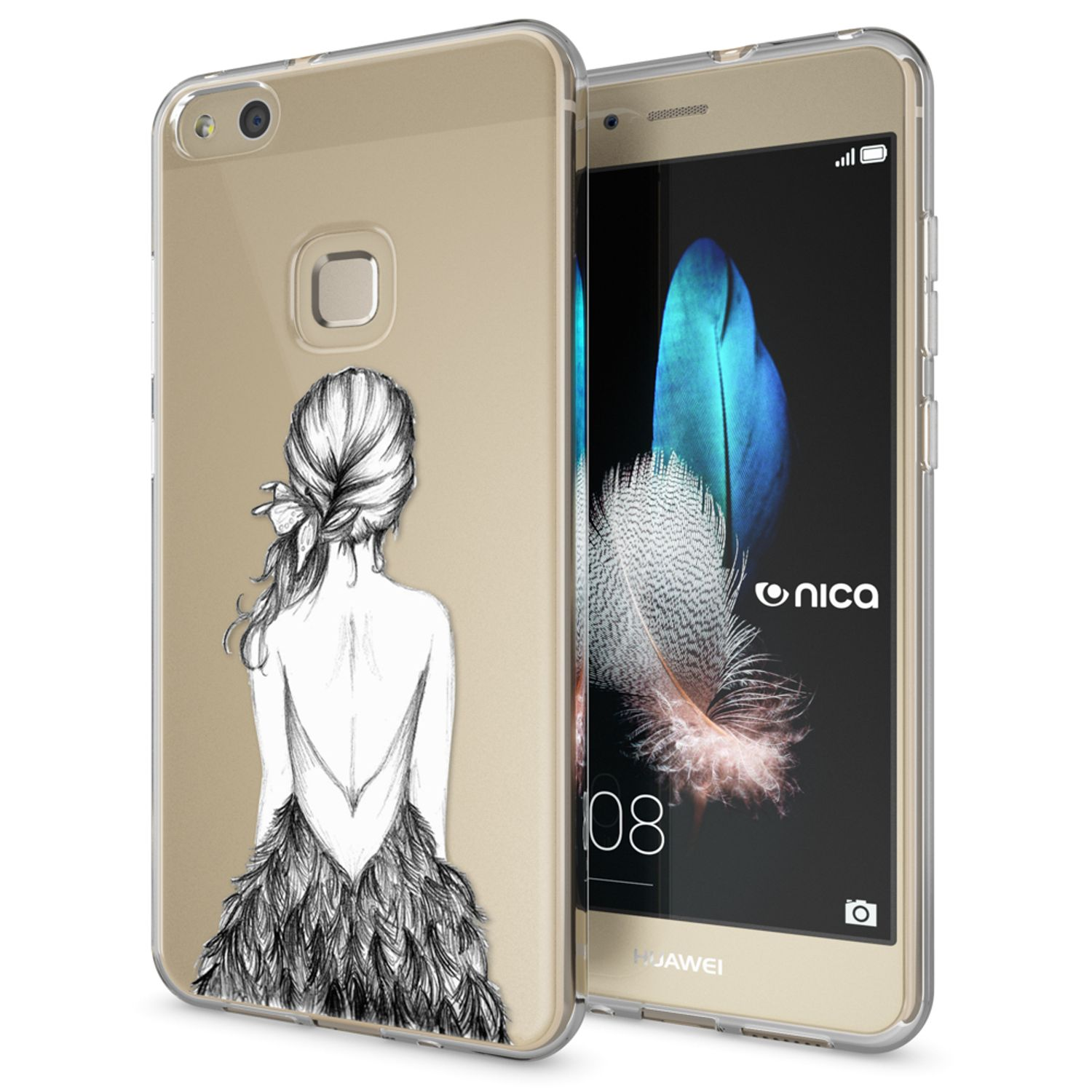 Handyhülle mit Kunst. Rückseite einer Frau in einem Kleid. Telefonbildschirm an. Weißer Hintergrund.