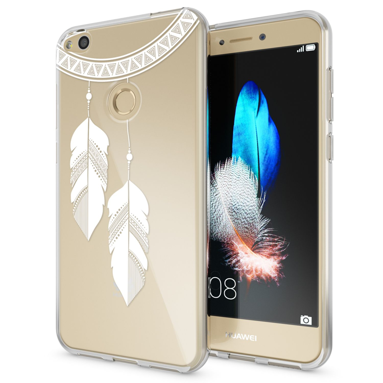 Teléfono con una funda transparente con un diseño de atrapasueños y plumas.