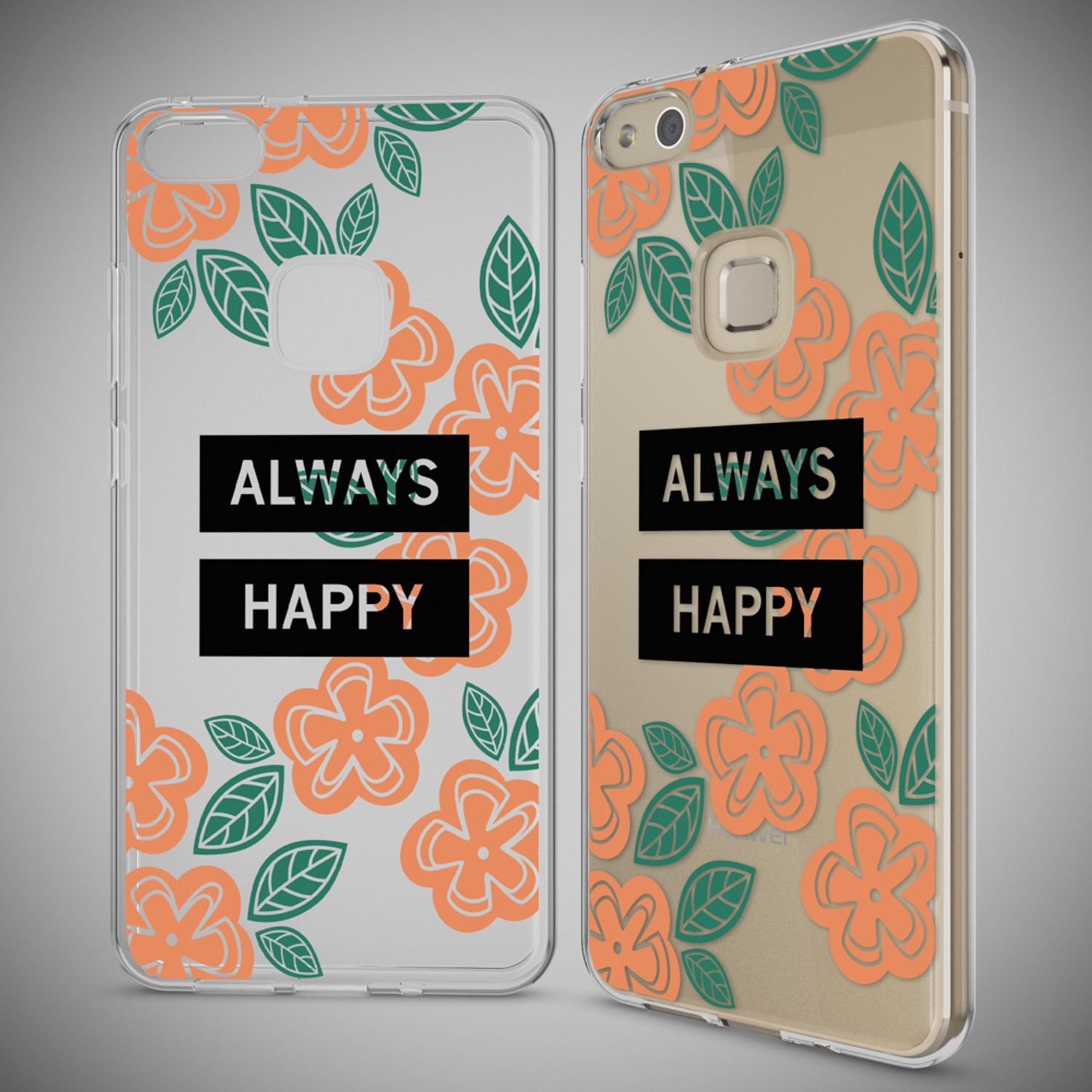 Zwei Handyhüllen mit floralen Designs und den Worten „ALWAYS HAPPY“. Klarer Hintergrund.
