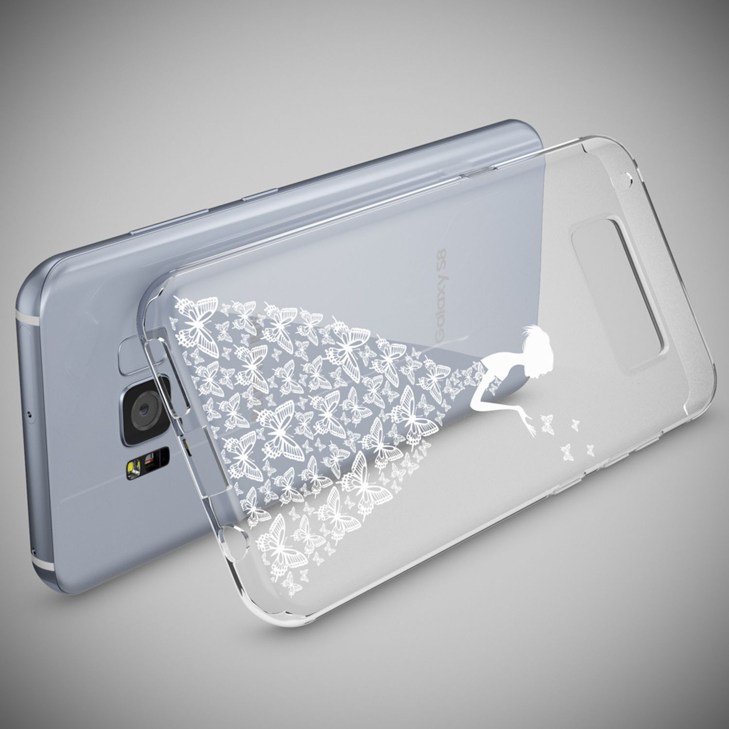 Handyhülle mit Schmetterlingsdesign. Transparente Hülle, mit einem Telefon darin. Grauer Hintergrund.