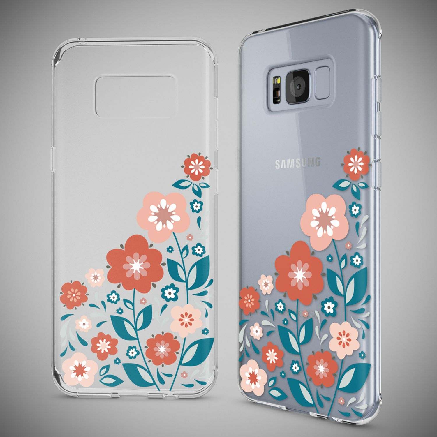 Zwei Handyhüllen mit Blumendesigns; eine zeigt die Vorderseite, die andere die Rückseite.