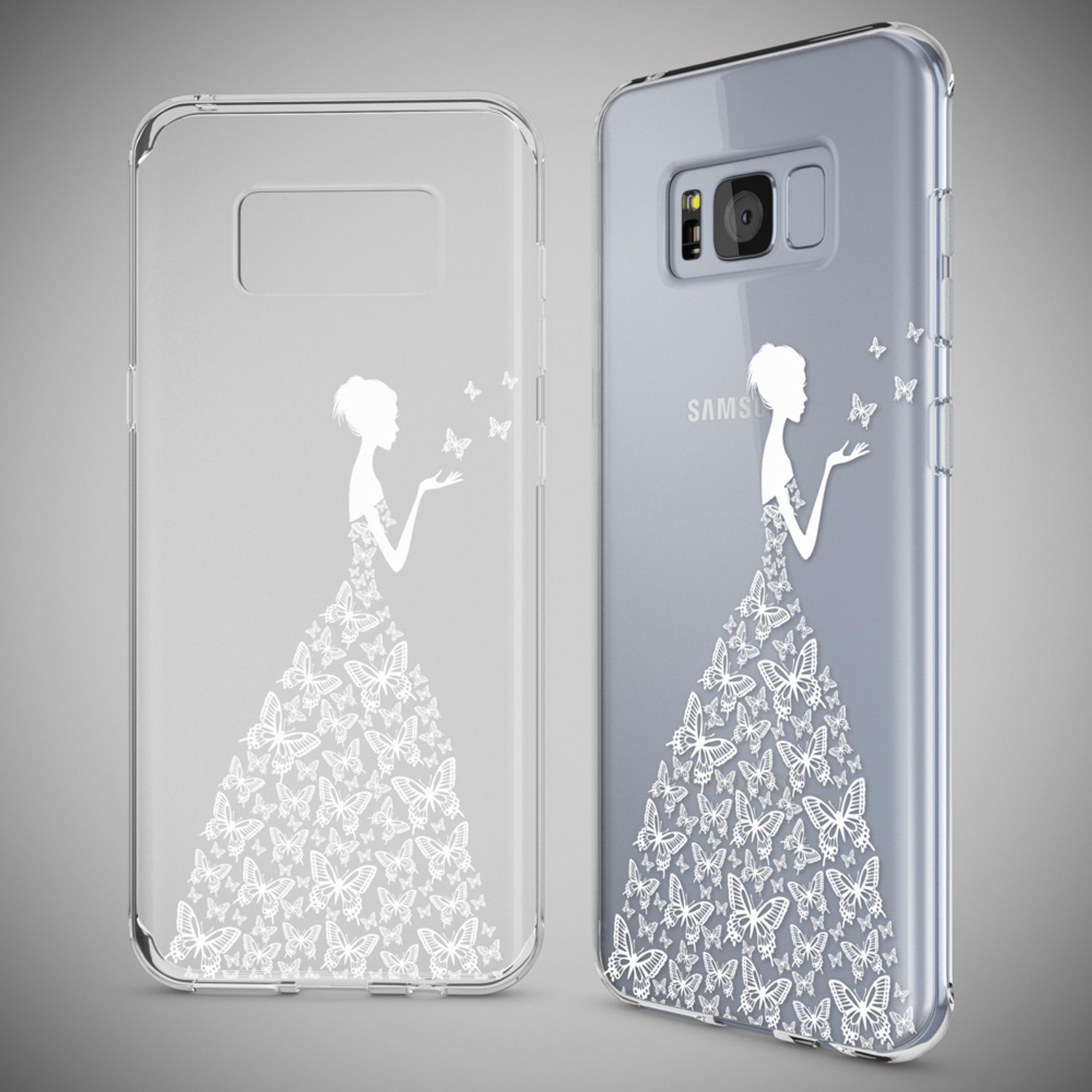 Transparente Handyhülle mit weißem Schmetterlingsdesign. Eine Frau mit Schmetterlingen ist auf der Hülle.