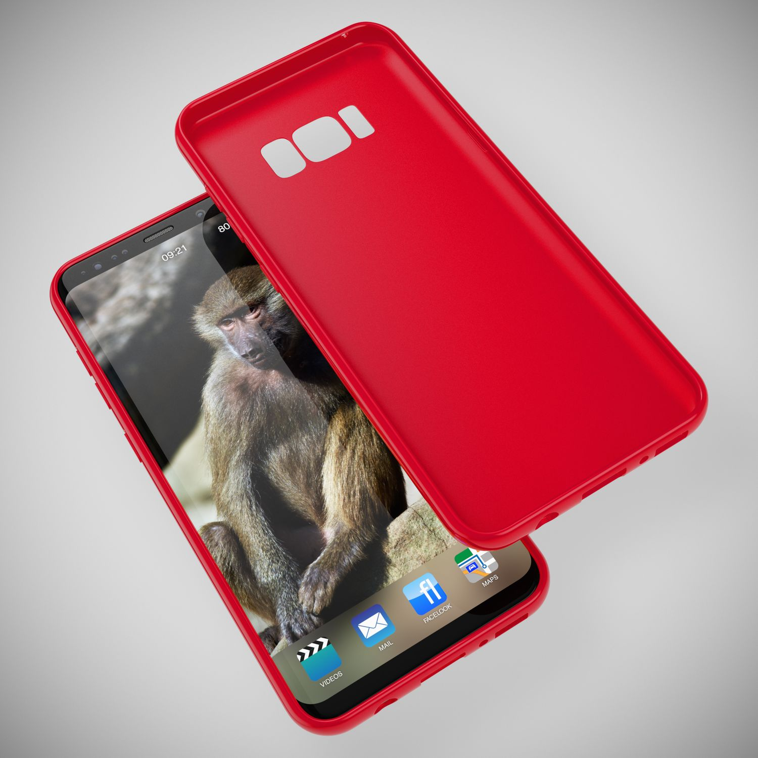 Eine rote Handyhülle mit einem Telefon darin, mit einem Affen auf dem Bildschirm. Die Handyhülle ist offen.