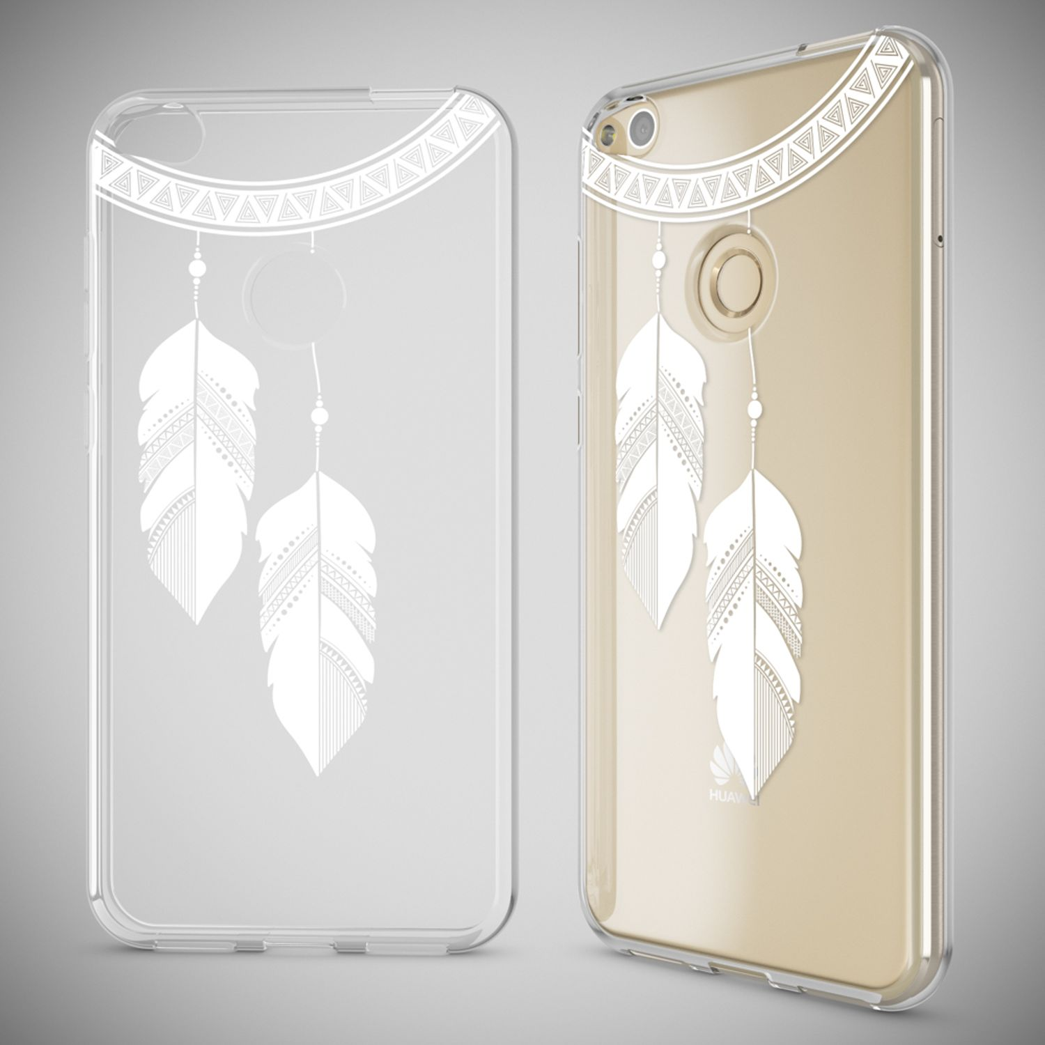 Funda transparente con diseño de plumas blancas. Teléfono sobre fondo degradado.