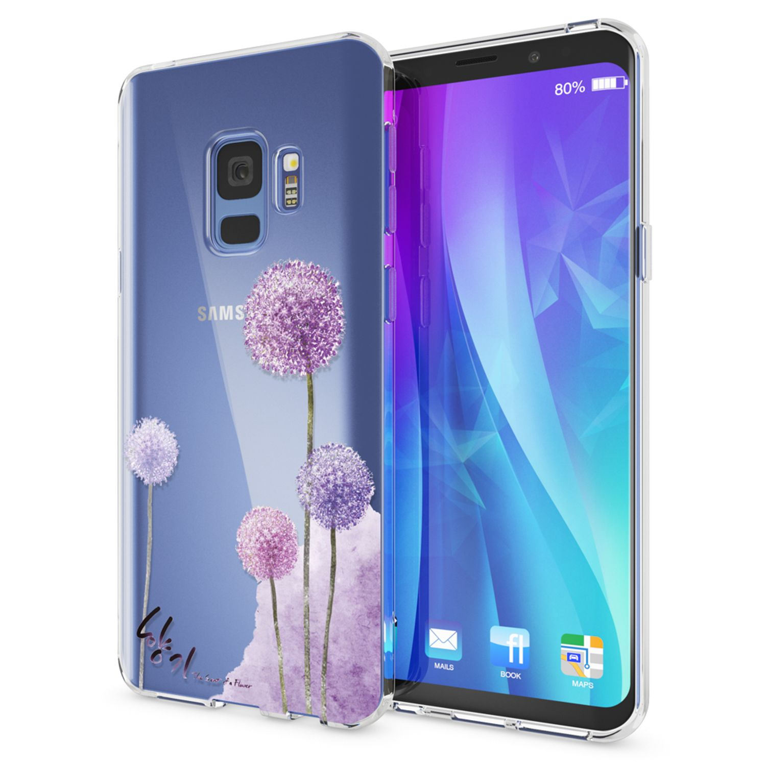Transparente Handyhülle mit lila Blumendesign. Telefon sichtbar. Weißer Hintergrund.
