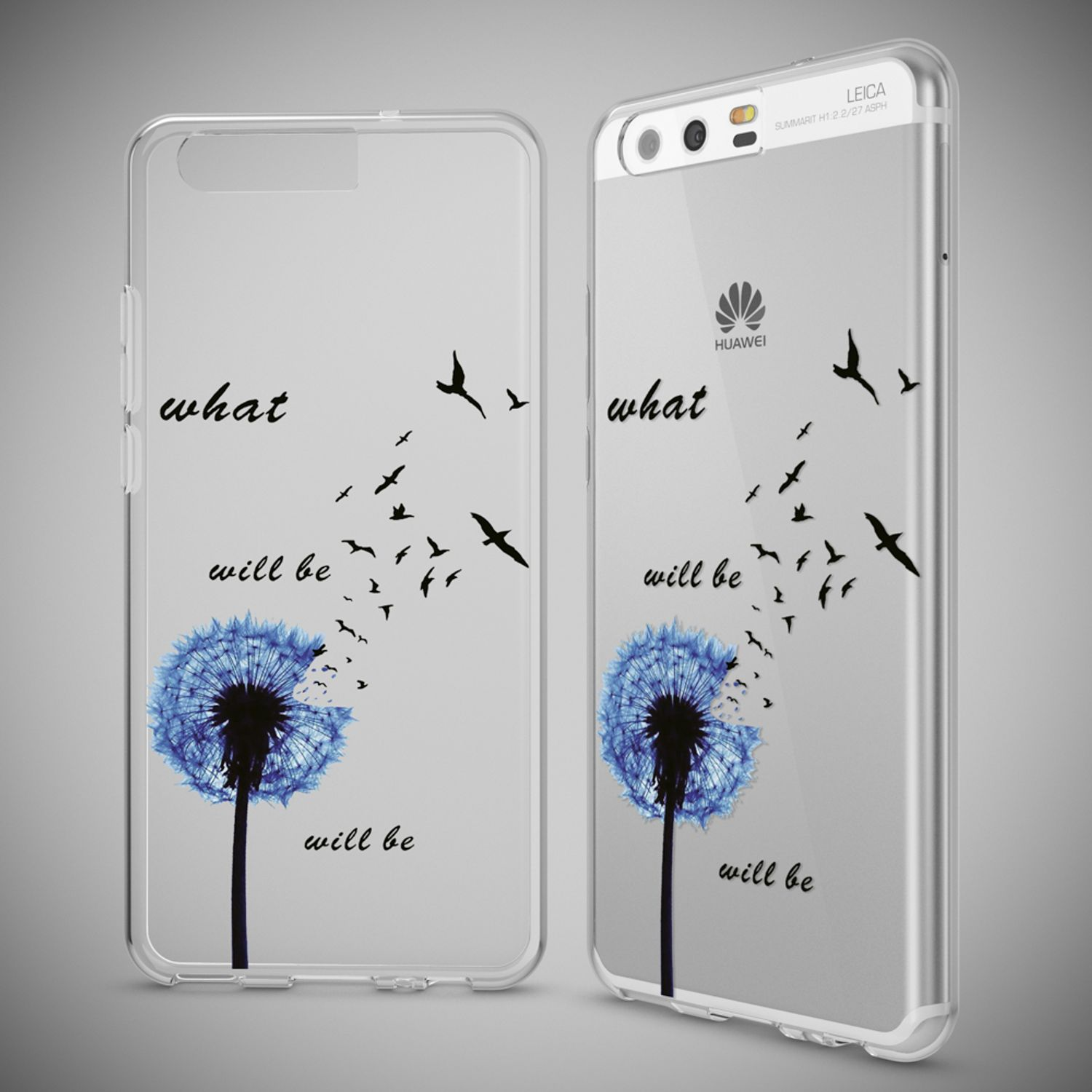 Telefon in klarer Hülle mit blauem Löwenzahn-Design, mit Vögeln, auf grauem Hintergrund.