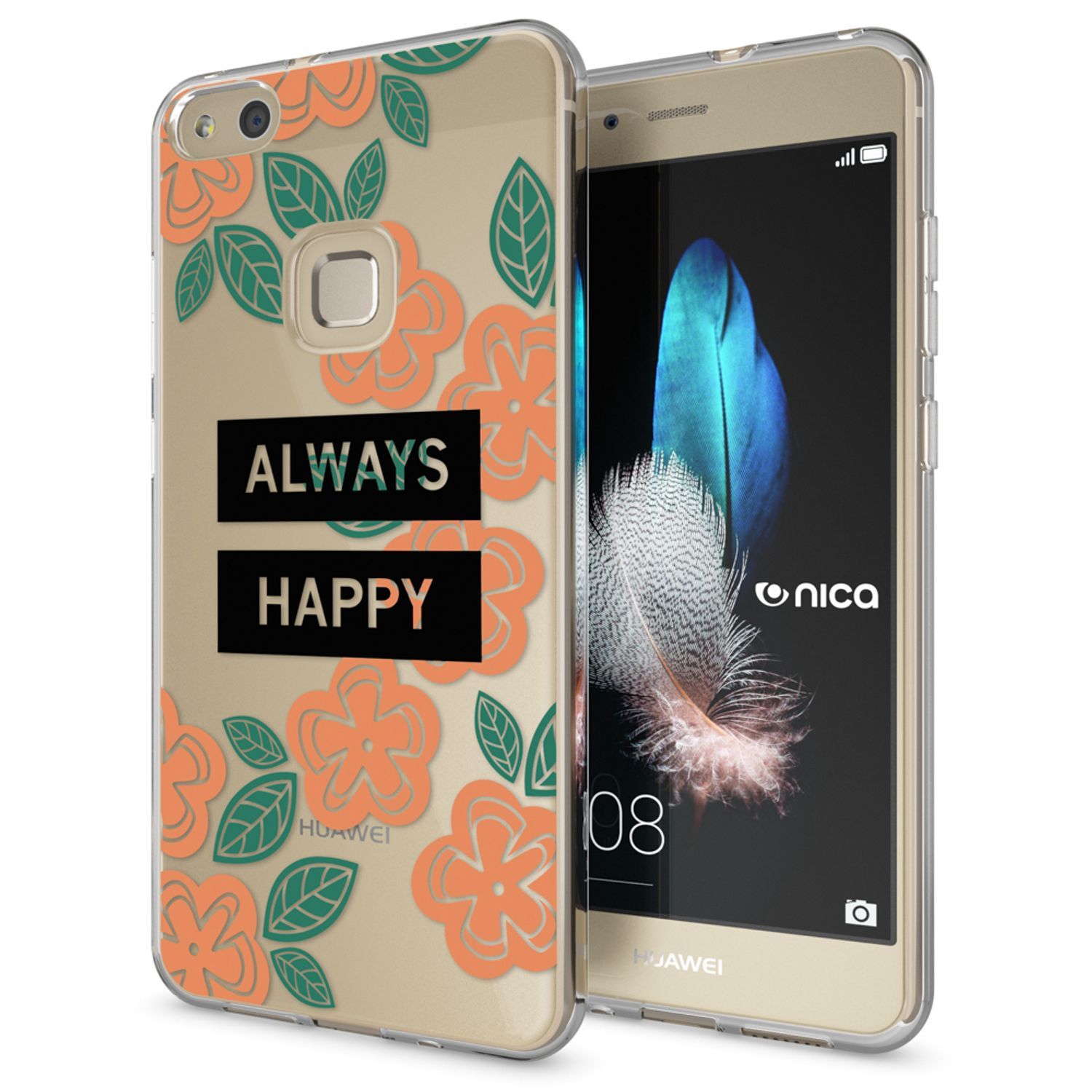 Handyhülle mit Blumen und Text. Telefon zeigt Feder-Symbol. Hintergrund ist beige.