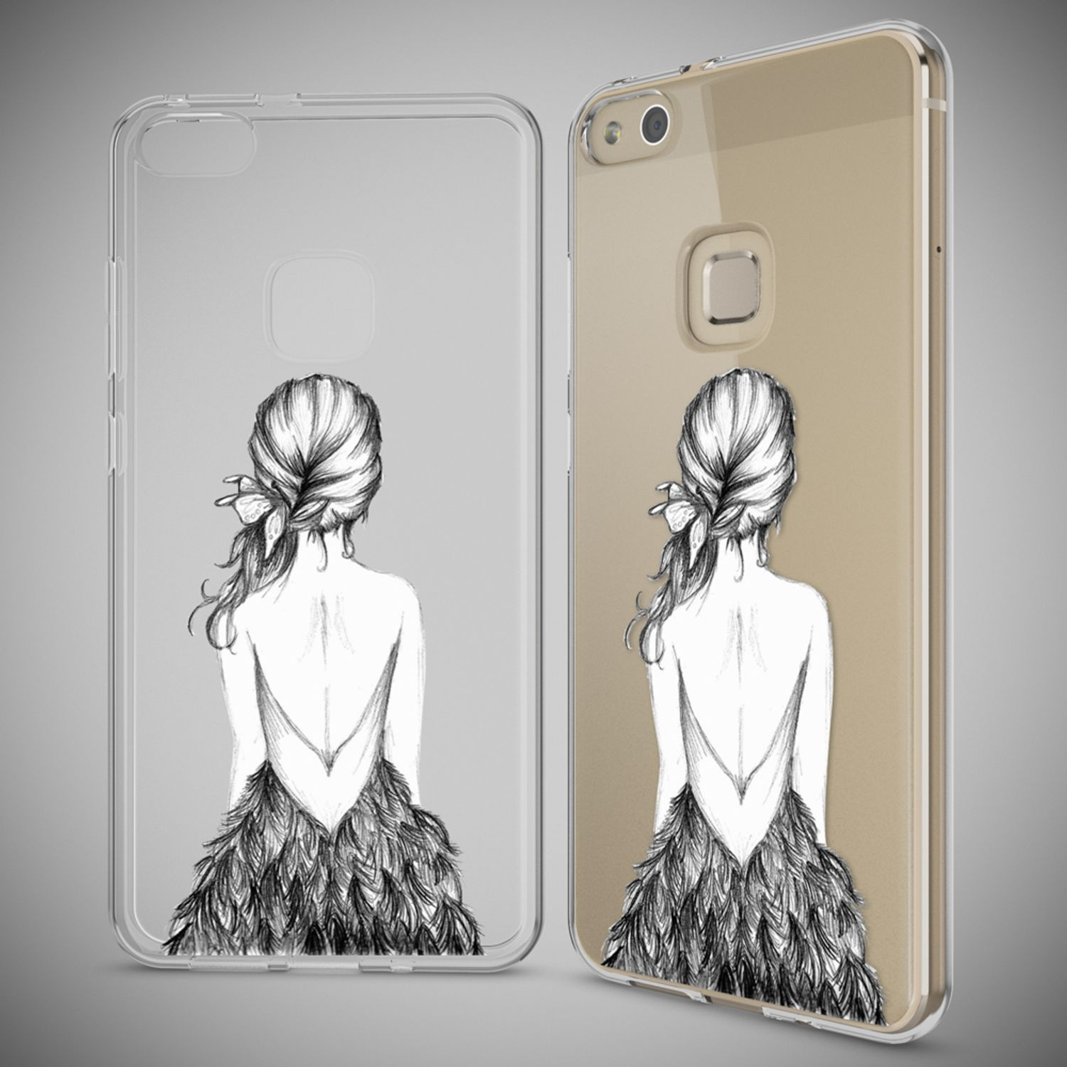 Eine Handyhülle mit einer Skizze einer Frau mit langem Haar und einem Federkleid. Das Telefon ist goldfarben.