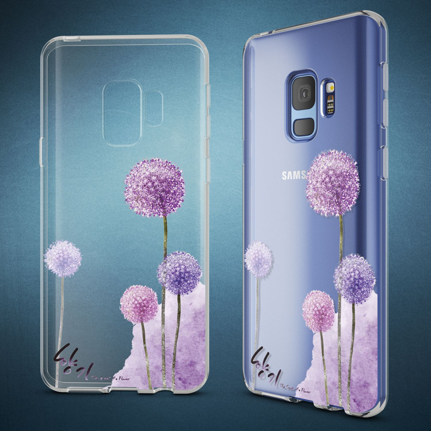 Transparente Handyhüllen mit lila Zwiebelblumen-Designs, auf blauem Farbverlauf.