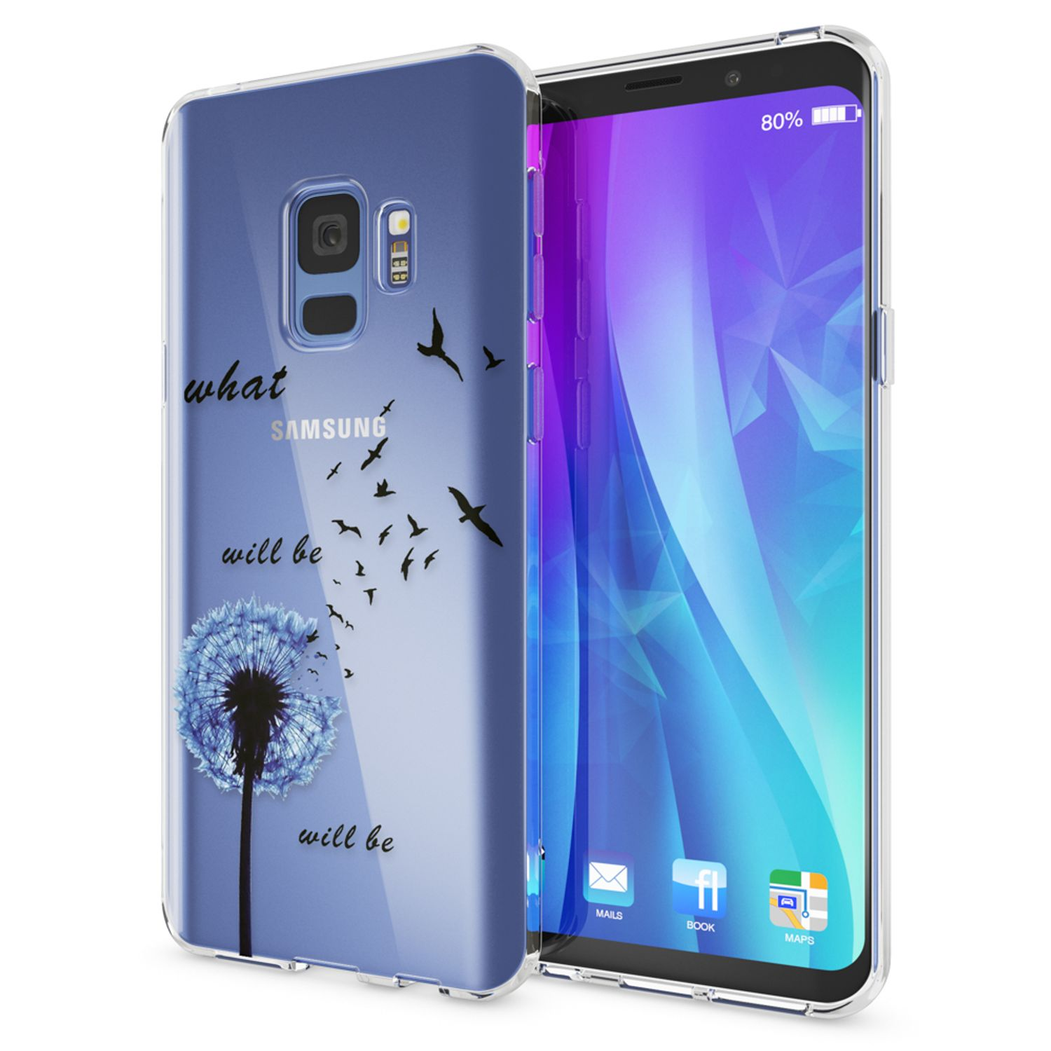 Handyhülle mit Worten und Pusteblumen-Grafik, mit Telefon darin.