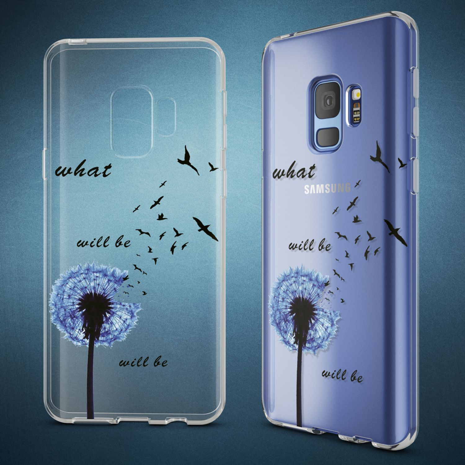 Zwei Handyhüllen, eine mit einem Pusteblumen-Design, die andere mit einem Telefon darin. Text: Was sein wird.