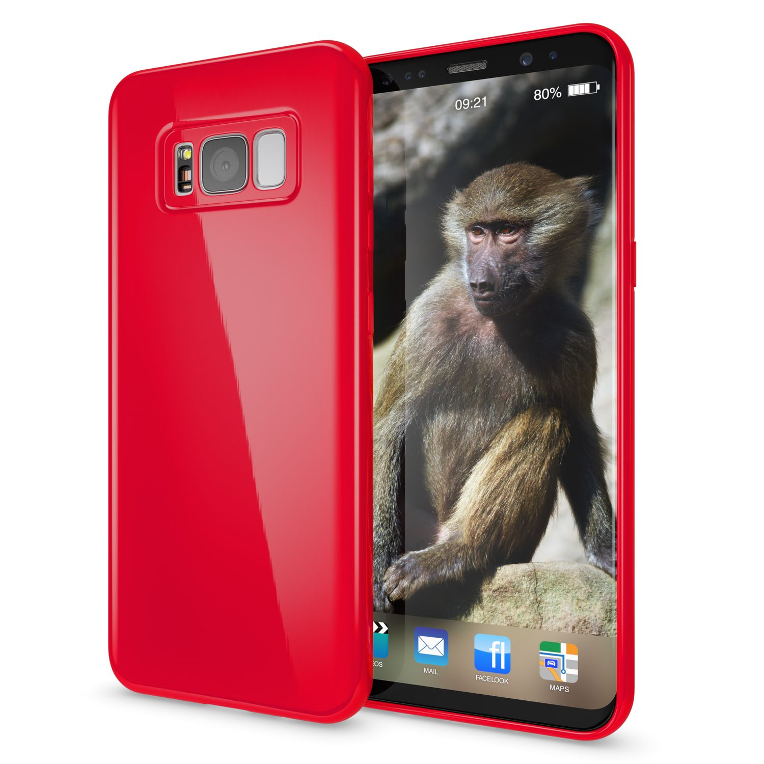 Eine rote Handyhülle befindet sich neben einem Telefon. Der Telefonbildschirm zeigt einen Affen auf einem Felsen.