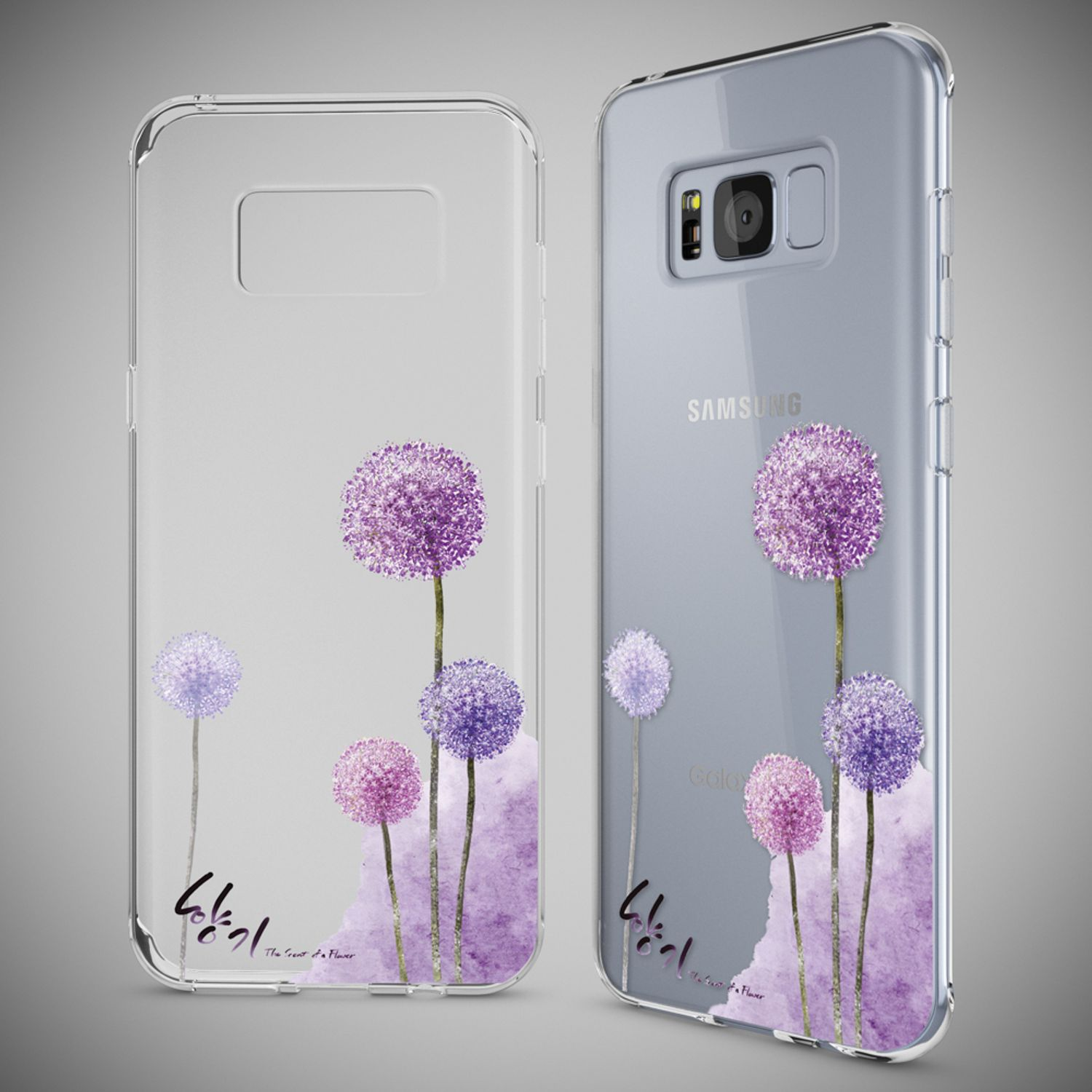 Handyhülle mit Blumendesign, zwei Hüllen zeigen verschiedene Ansichten, mit Samsung-Logo.