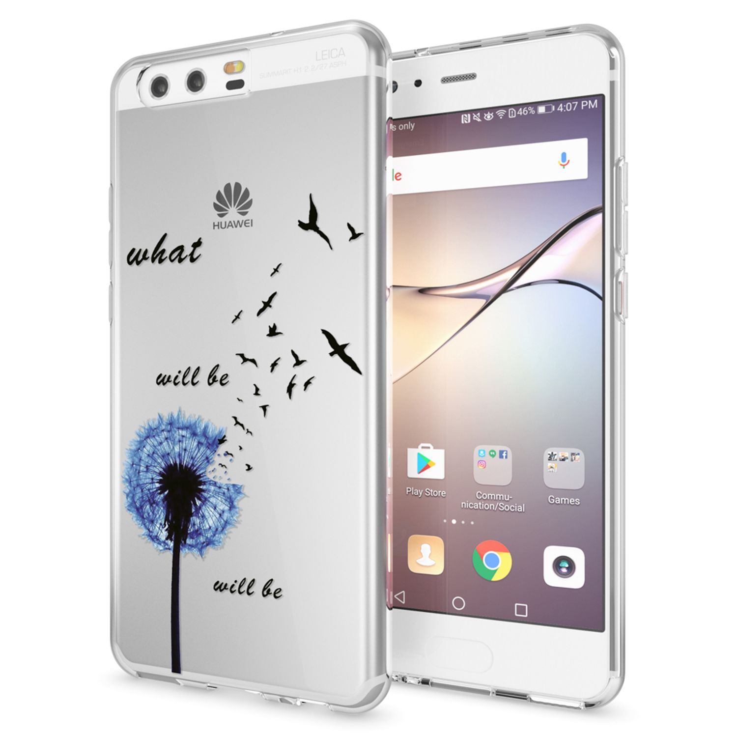 Telefon mit transparenter Hülle mit einem Pusteblumen-Design. Der Hintergrund ist weiß. Der Text lautet: was wird sein.