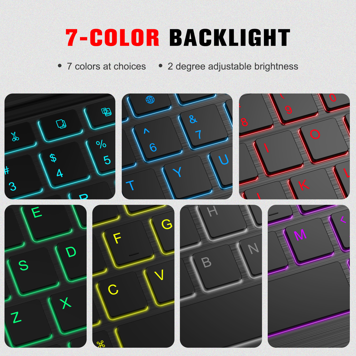 Eine Tastatur mit mehrfarbiger Hintergrundbeleuchtung. 7 Farben werden angezeigt.