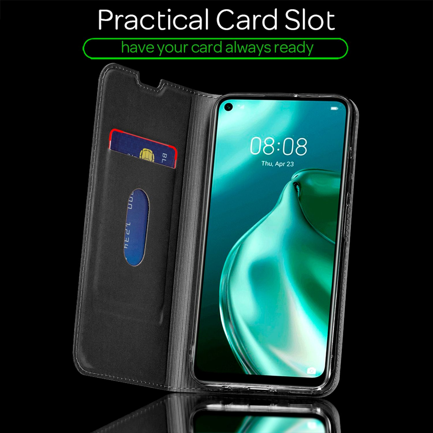 Ein Telefon in einer schwarzen Lederhülle mit Kartenfach, das den Bildschirm zeigt.
