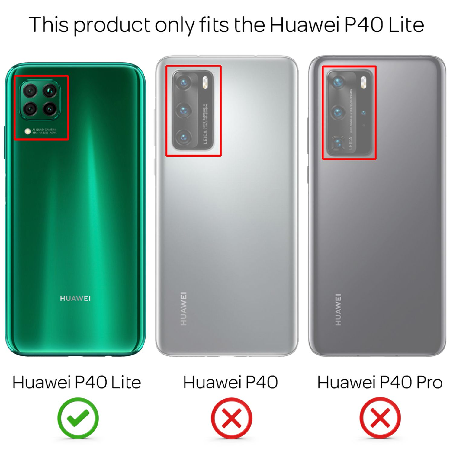 Drei Handys: Huawei P40 Lite (grün, Haken), P40 (rotes X) und P40 Pro (rotes X). Text zeigt Kompatibilität.