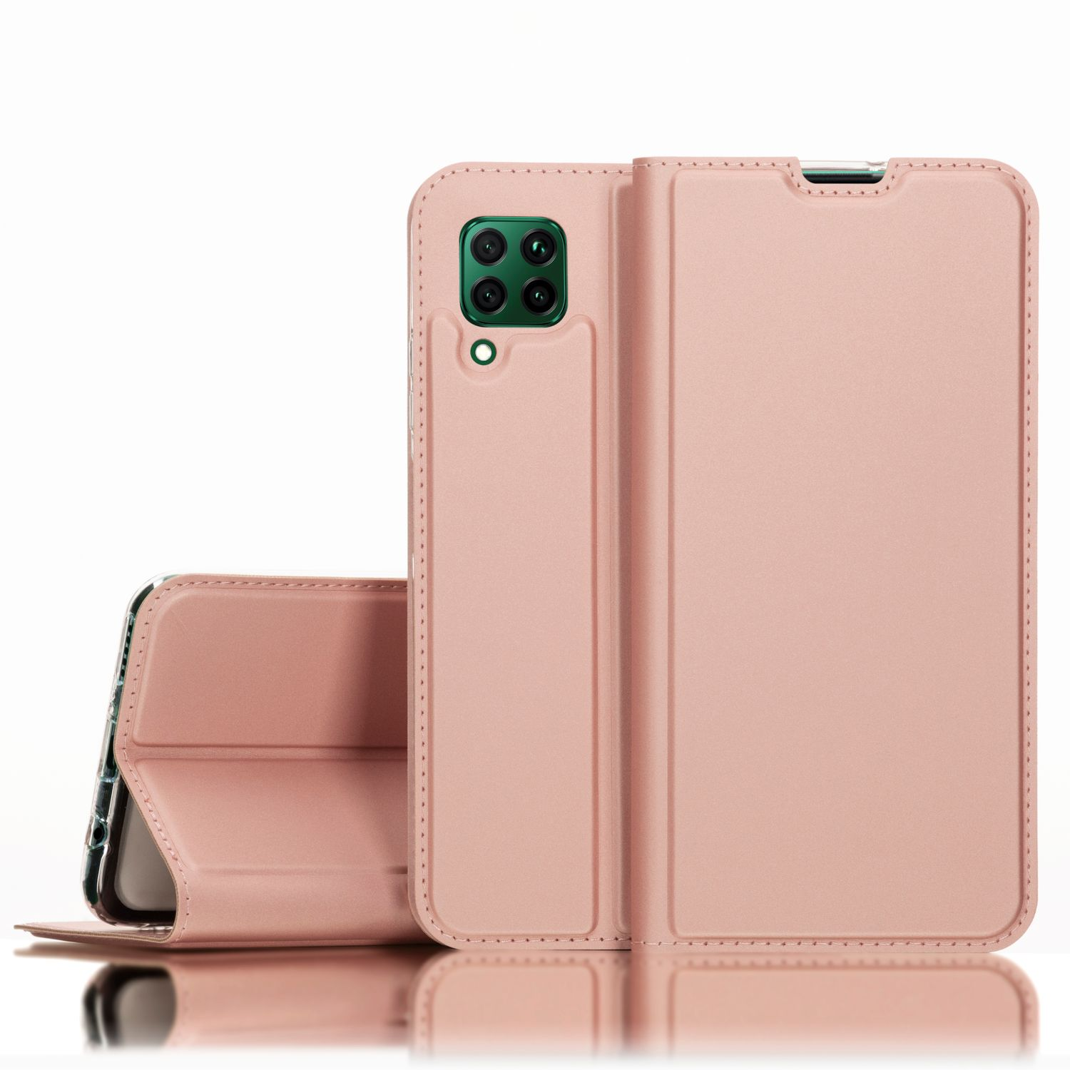 Rosa Handyhülle steht offen mit einem Telefon darin, das die Front zeigt.
