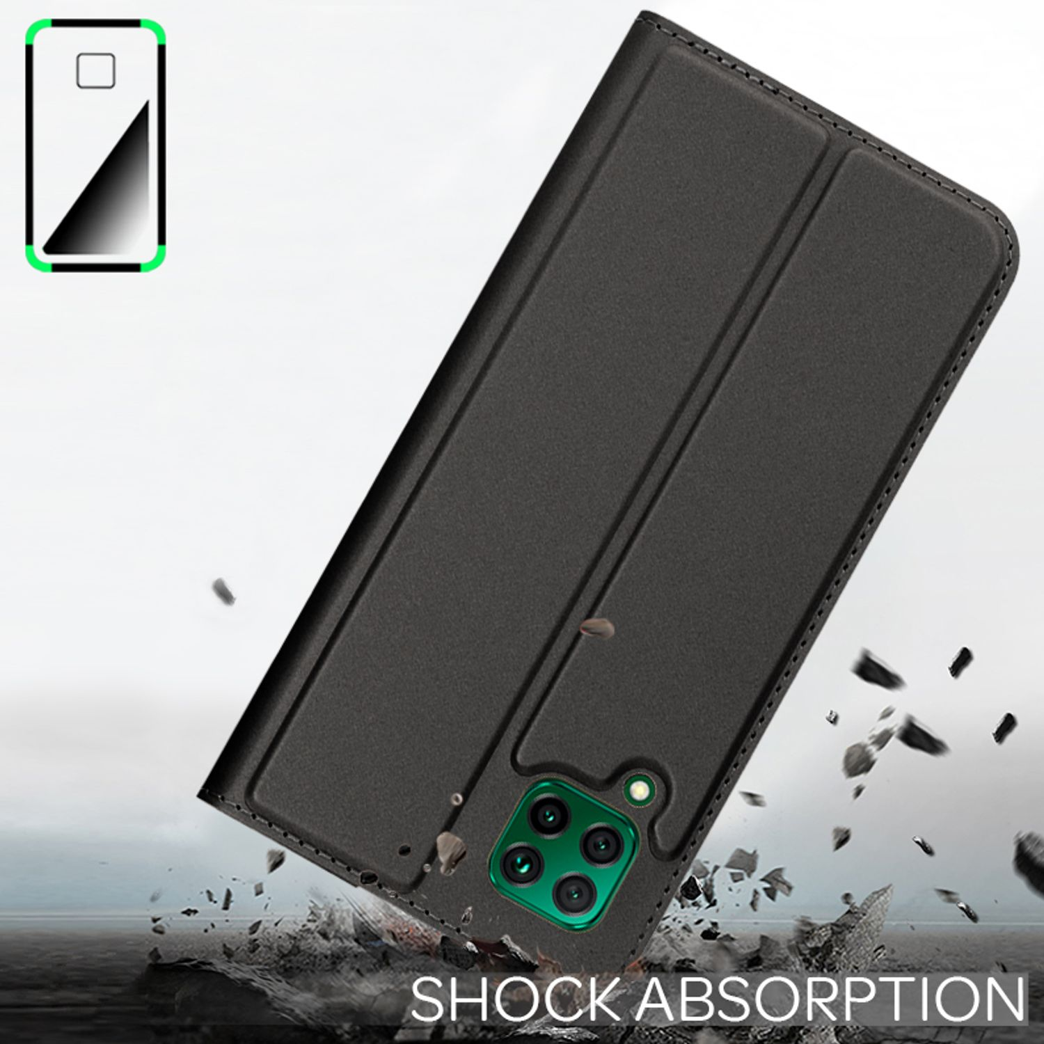Schwarze Handyhülle mit Telefon darin. Zeigt Stoßabsorption mit Bodeneinschlag.