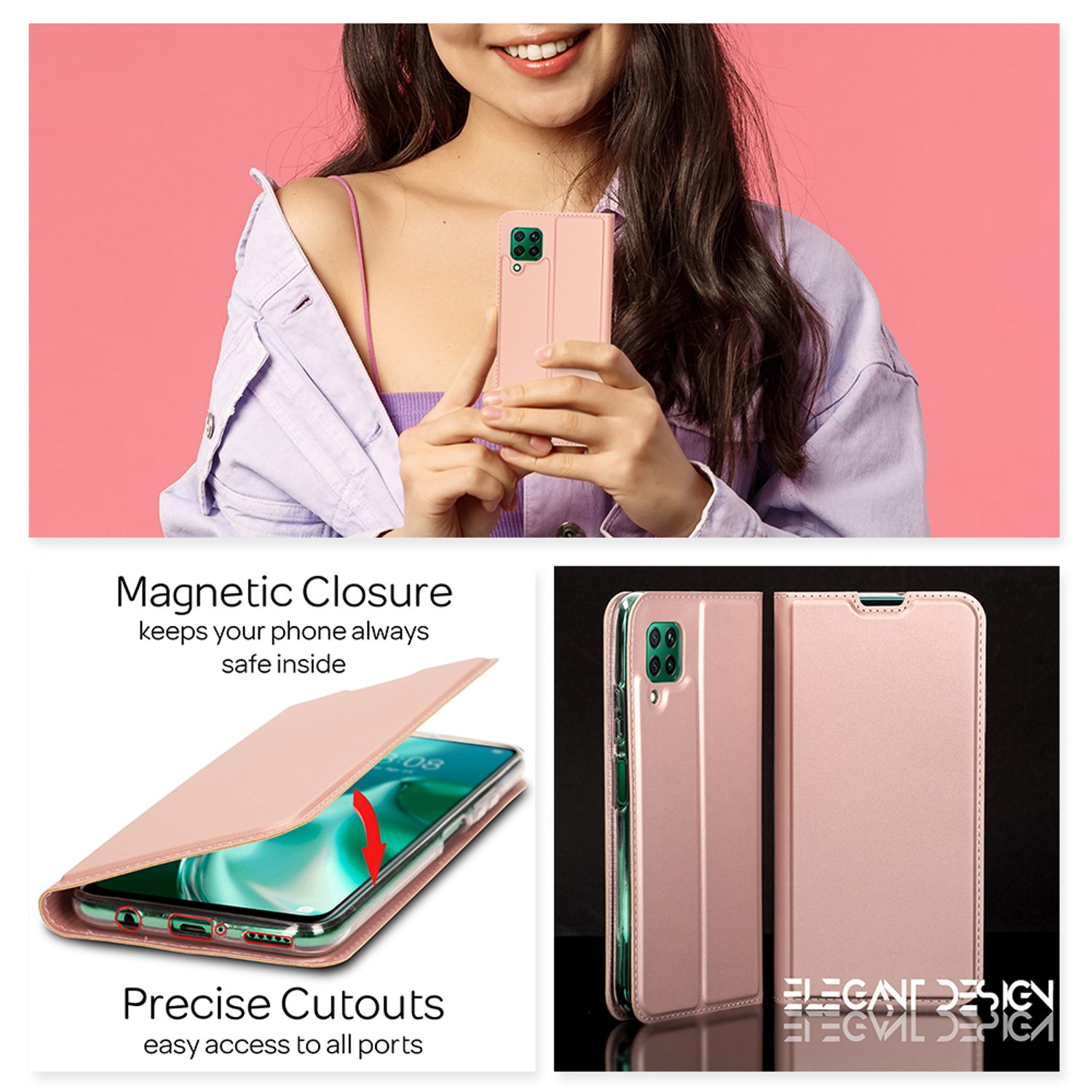 Frau hält rosa Handyhülle. Weitere Bilder zeigen Hüllenmerkmale, wie Magnetverschluss. Text: Elegantes Design.