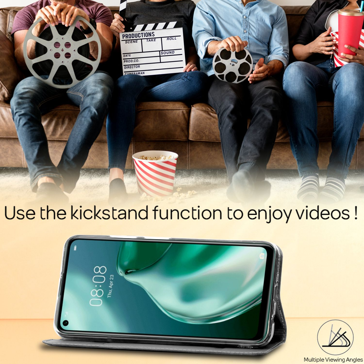 Leute auf einer Couch mit Filmrequisiten und einem Telefon mit Hülle. Text sagt: Verwenden Sie die Ständerfunktion, um Videos zu genießen!