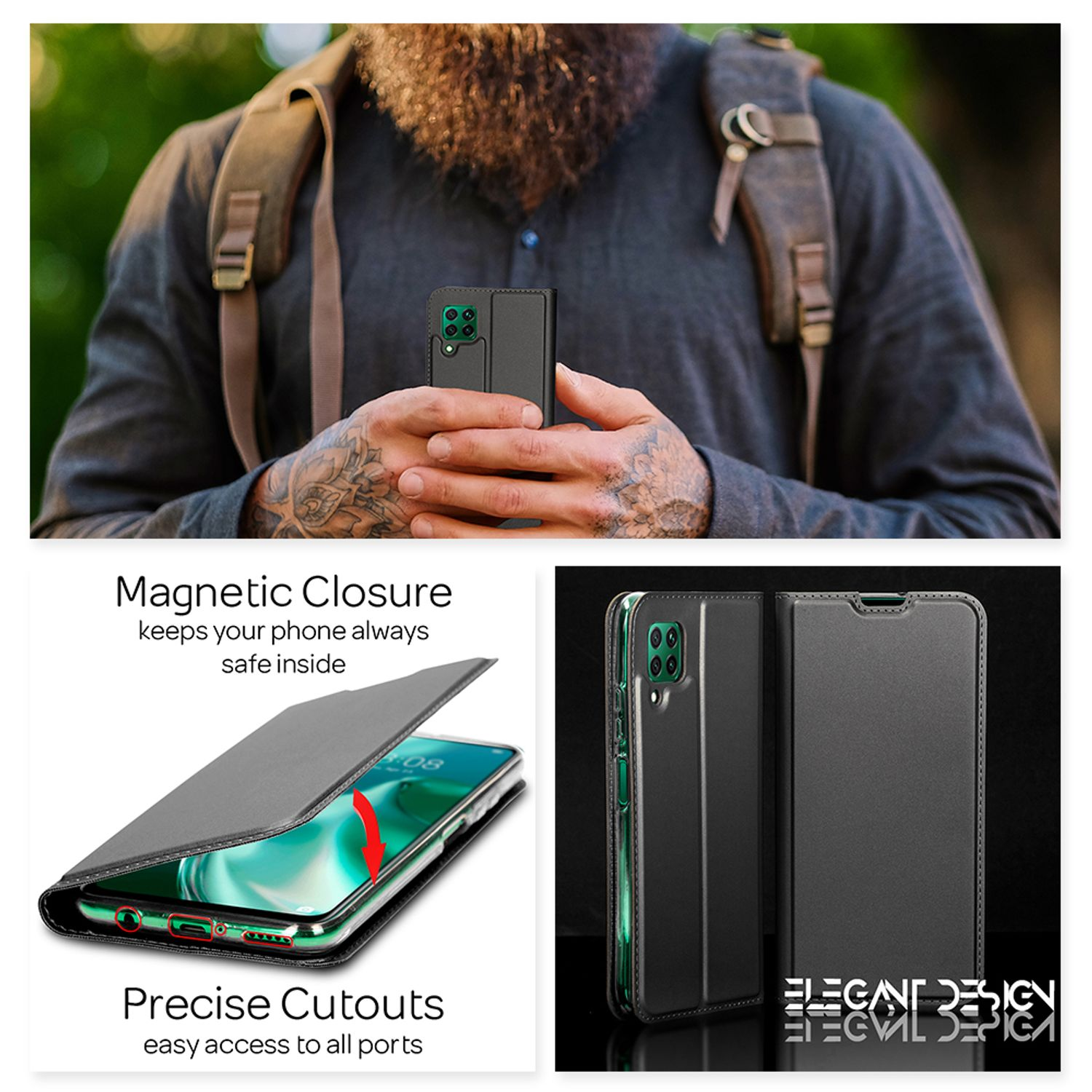 Mann mit Rucksack, Telefon in einer Folio-Hülle. Hülle mit Magnetverschluss, präzisen Aussparungen.