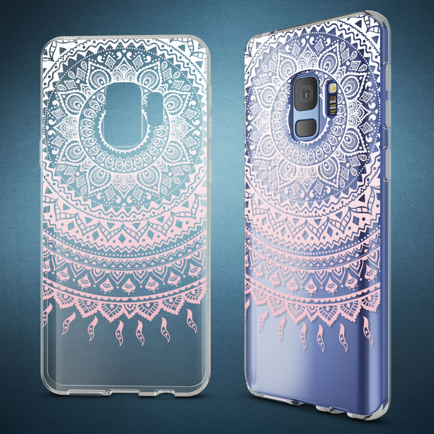 Handyhülle, Mandala-Design mit rosa und weißen Details auf blauem Hintergrund. Zwei Hüllen gezeigt.